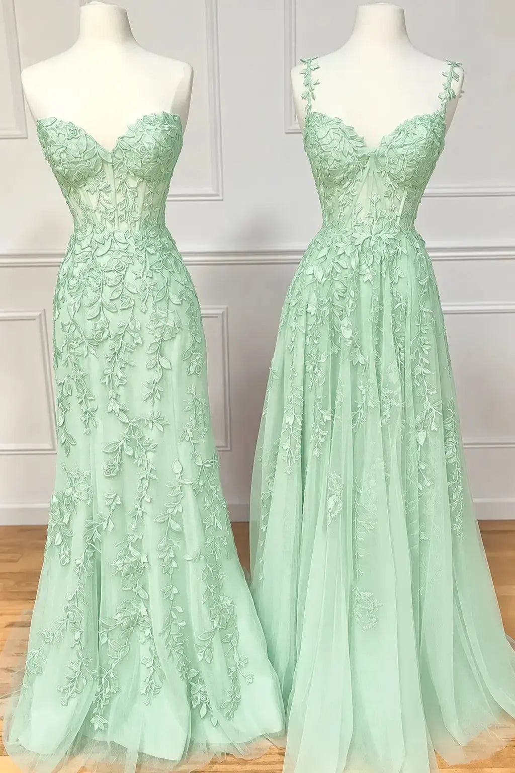 A-line Sweetheart Spaghetti Straps Sweep Train Lace Prom Dress With Beading Kaidress
