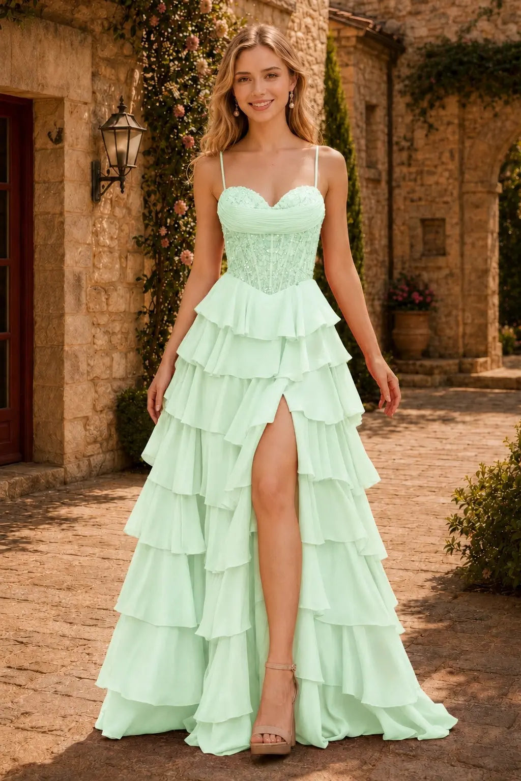 Spaghetti Straps Sweetheart Embellished Corset Chiffon Slit Ruffle Prom Dress with Detachable Straps