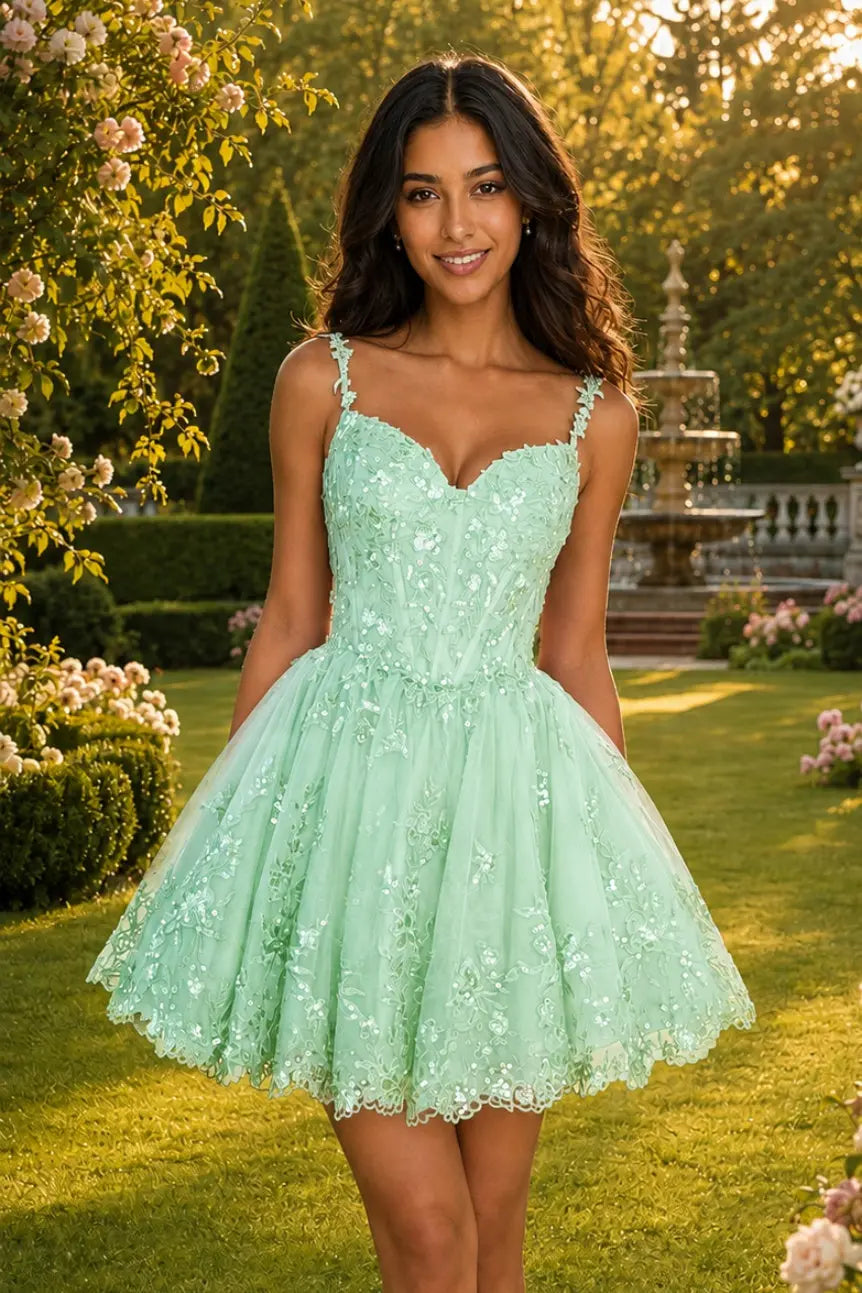Glittering A-line Sweetheart Short/Mini Tulle Homecoming Dress with Appliqued Beading KAIDRESS