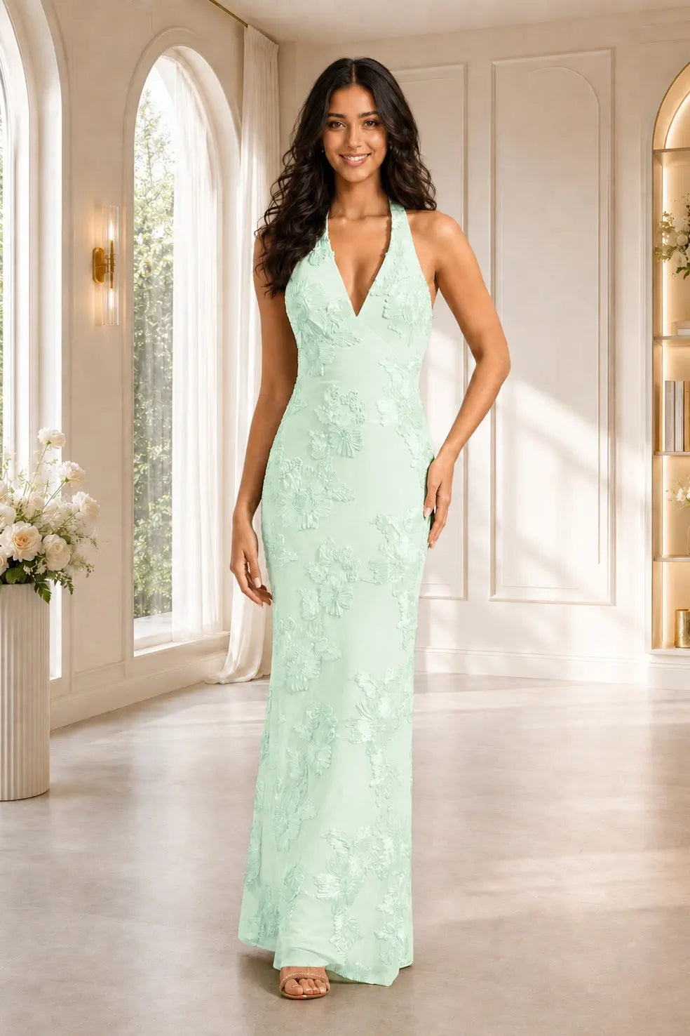 Sage Green Halter Floral Lace Sheath Floor-Length Prom Evening Gown KAIDRESS