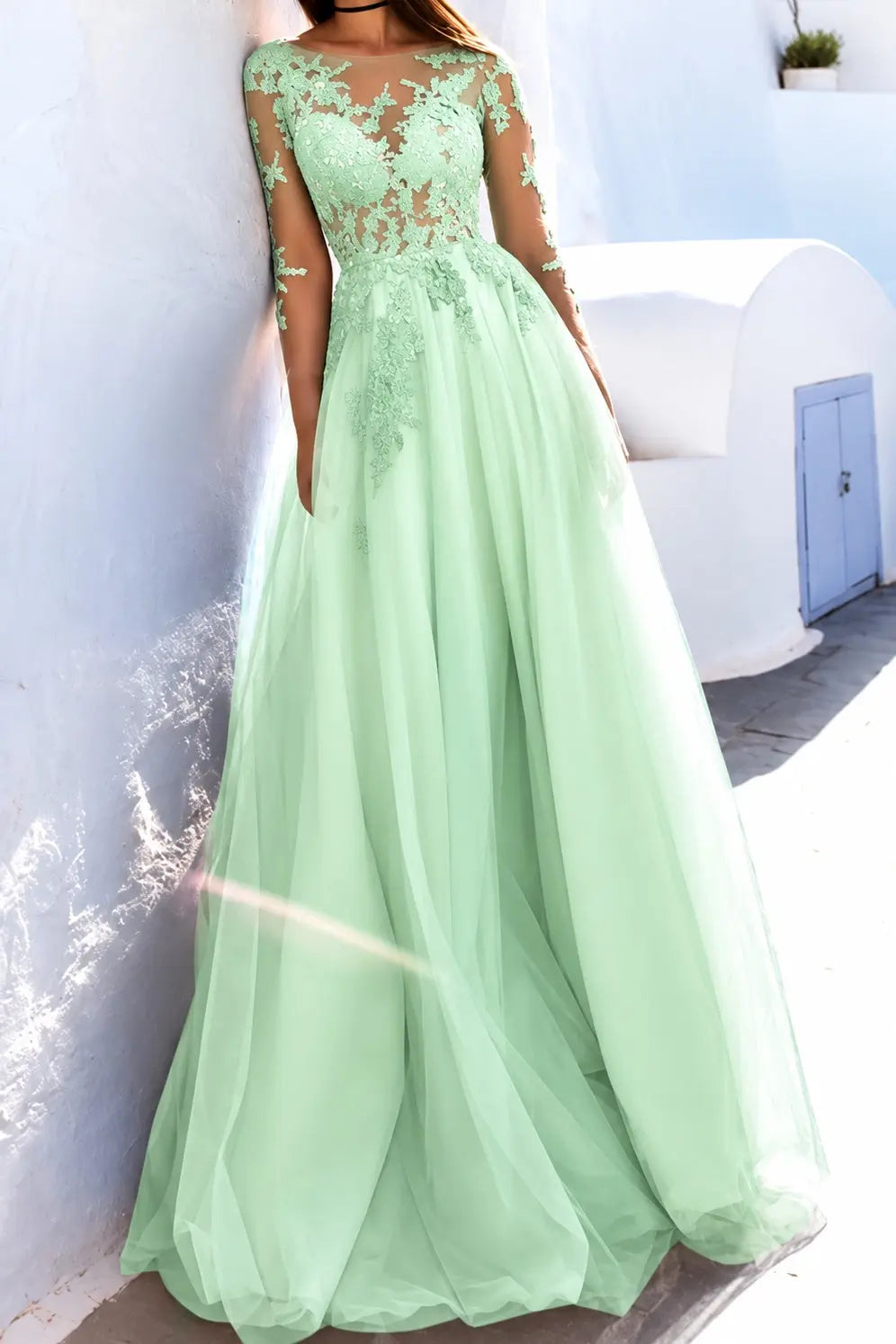 A-Line Scoop Long Sleeves Floor-Length With Applique Tulle Prom Dresses