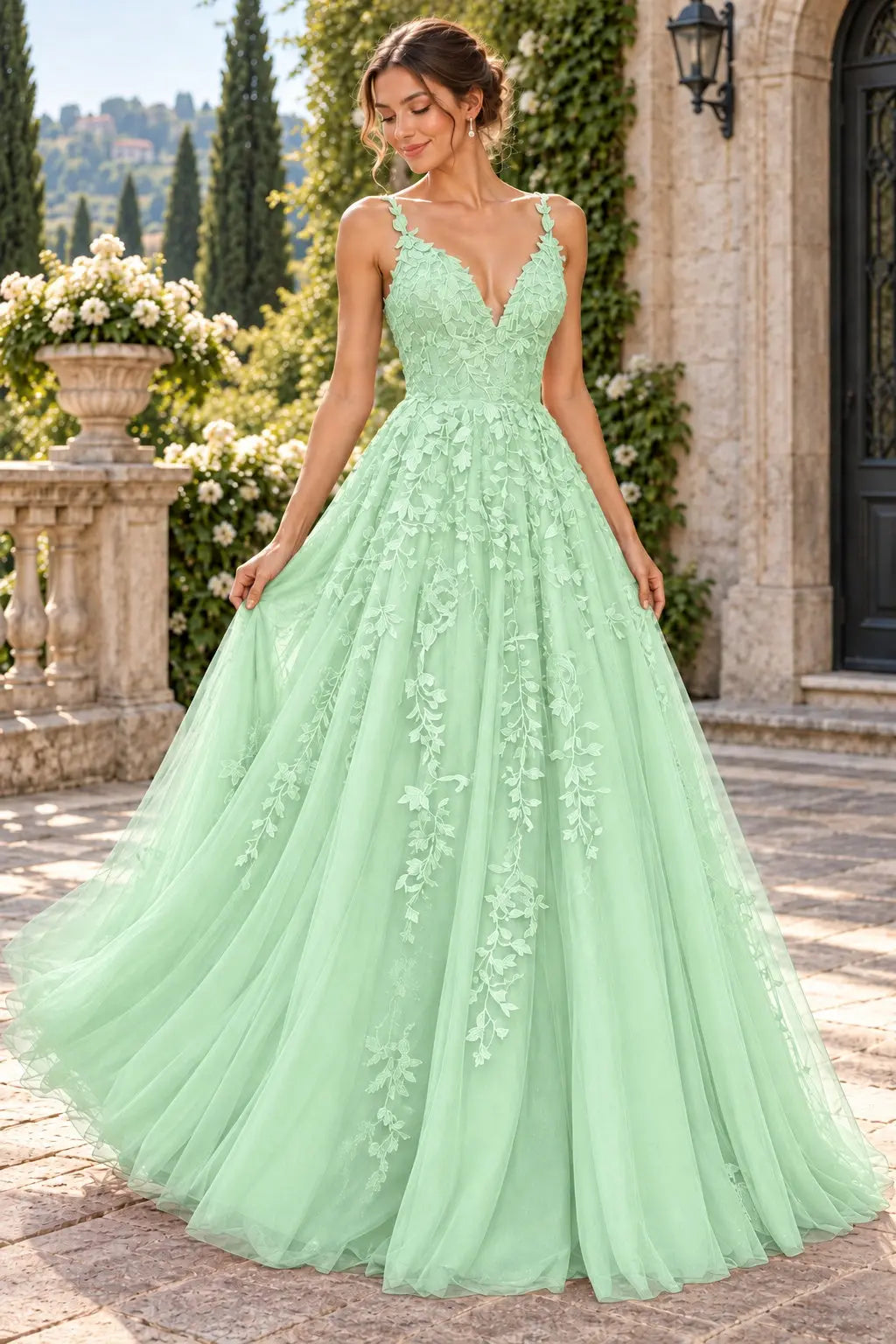 A-Line Lace Prom Dresses Long V Neck Sleeveless Formal Maxi Dress