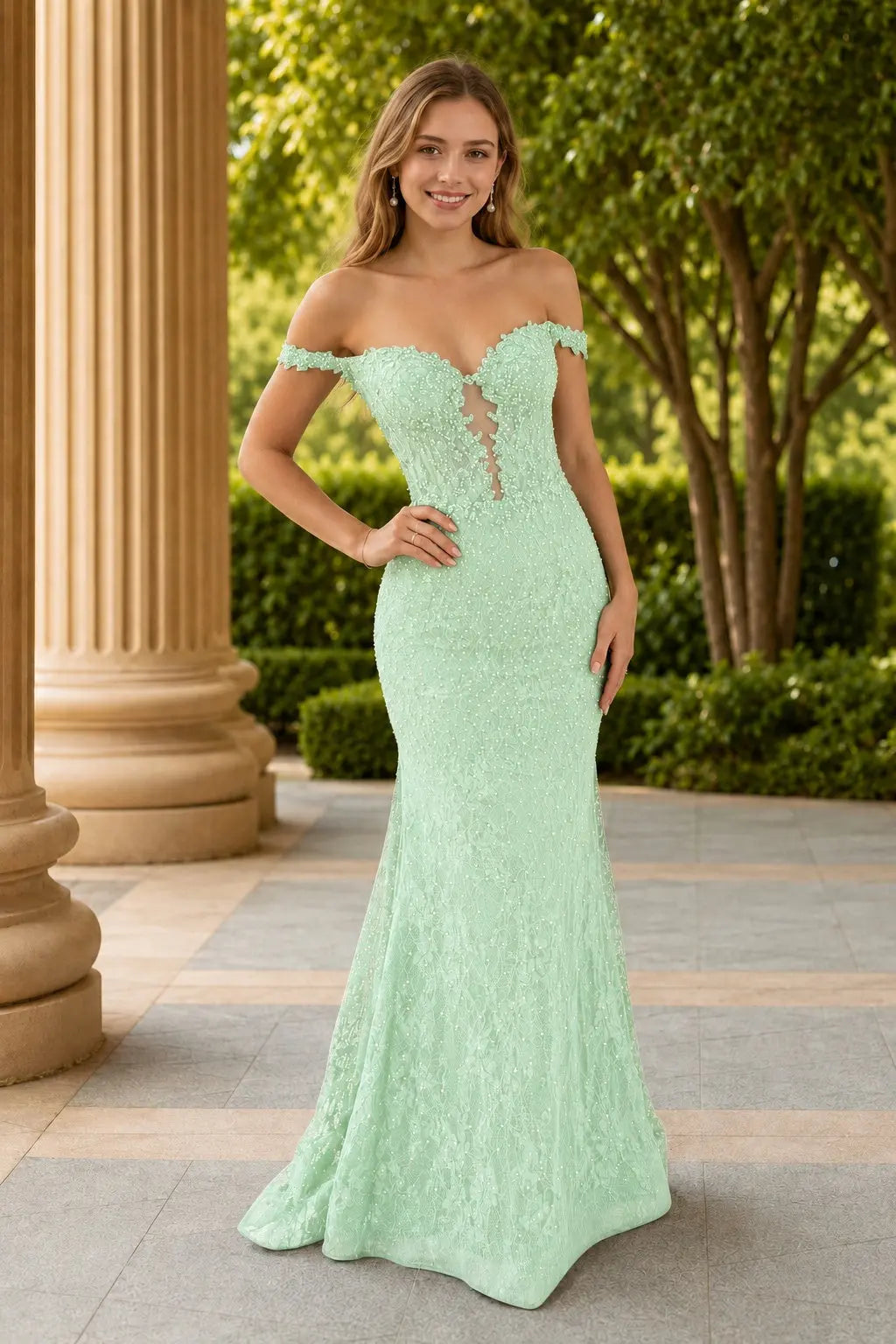 Mermaid Off the Shoulder Navy Lace Prom Dresses Long Evening Dresses KAIDRESS
