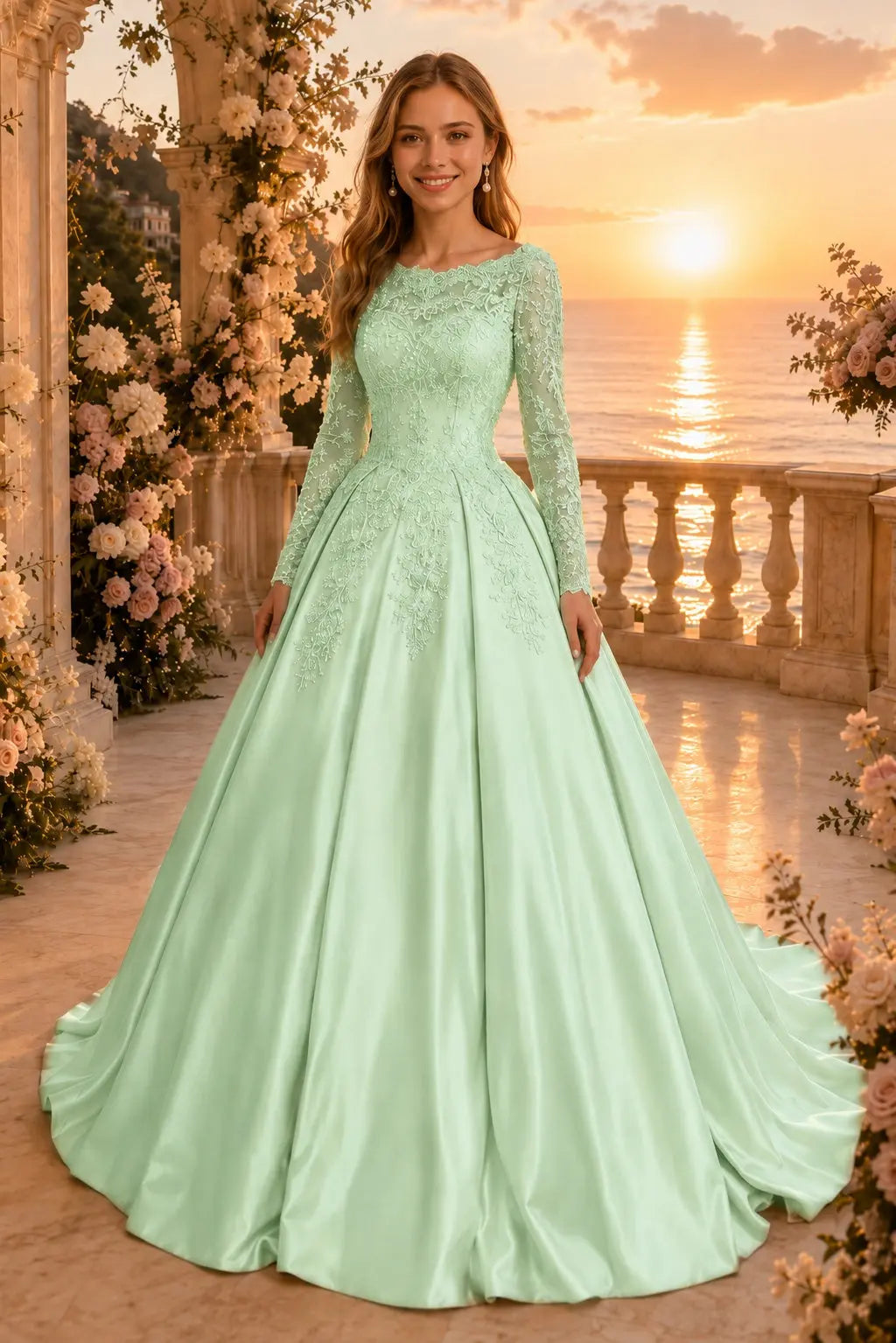 Ball Gown Long Sleeves Off-the-Shoulder Chapel Train Applique Satin Prom Dresses Kaidress
