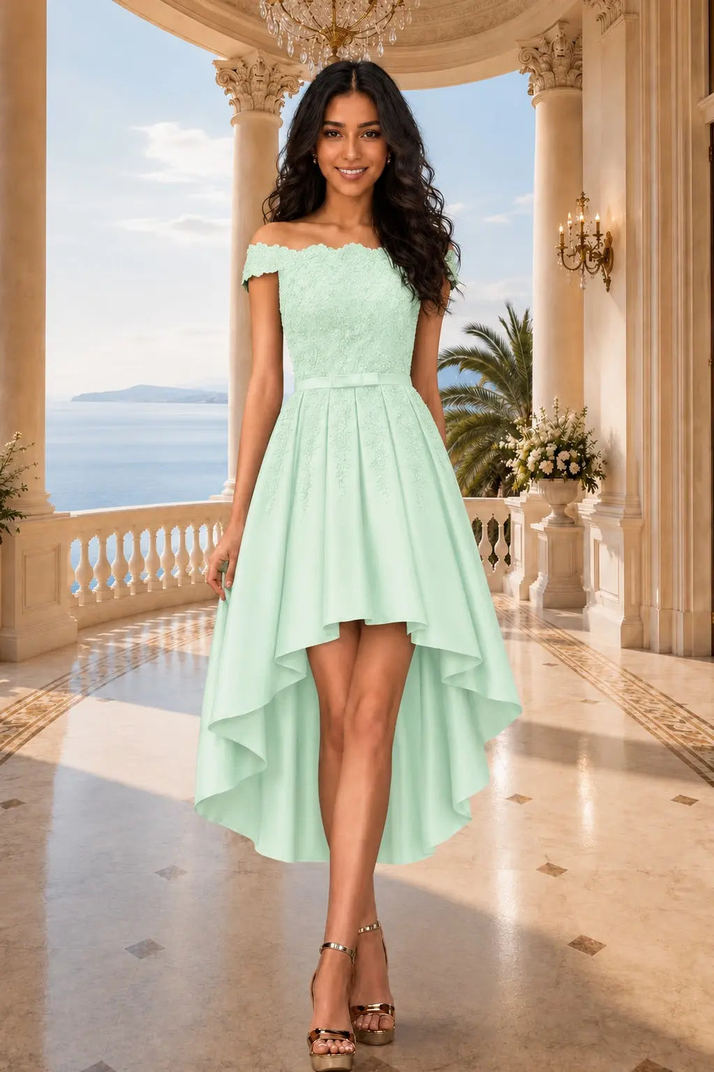 A-line Burgundy Satin Off the Shoulder A Line Strapless Lace Tulle Asymmetrical Dress With Pockets KAIDRESS