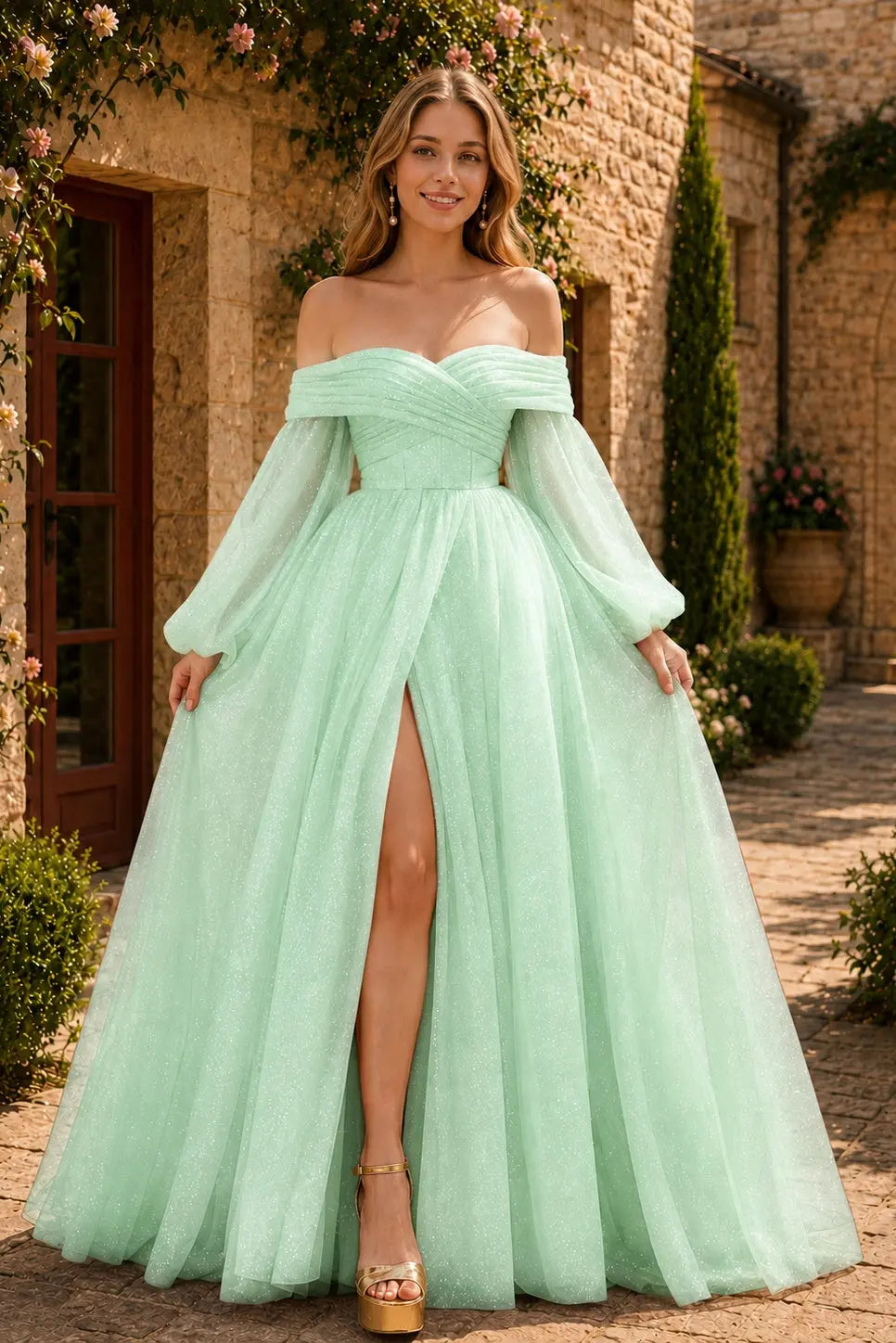A-Line/Princess Tulle Ruched Long  Off-the-Shoulder Long Sleeves Prom Dresses Detachable Sleeves KAIDRESS