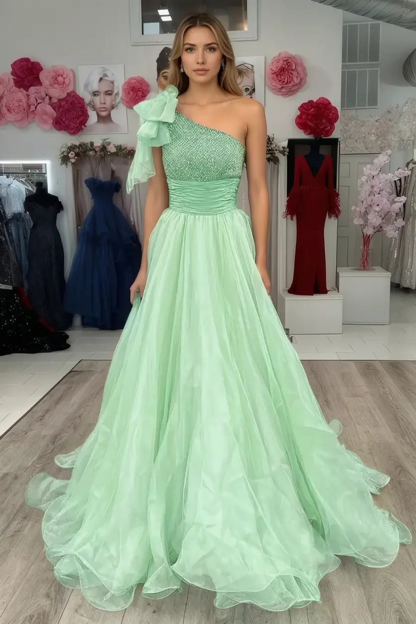 A Line Sparkly Sky Blue One Shoulder Long Prom Dress with Beading KAIDRESS