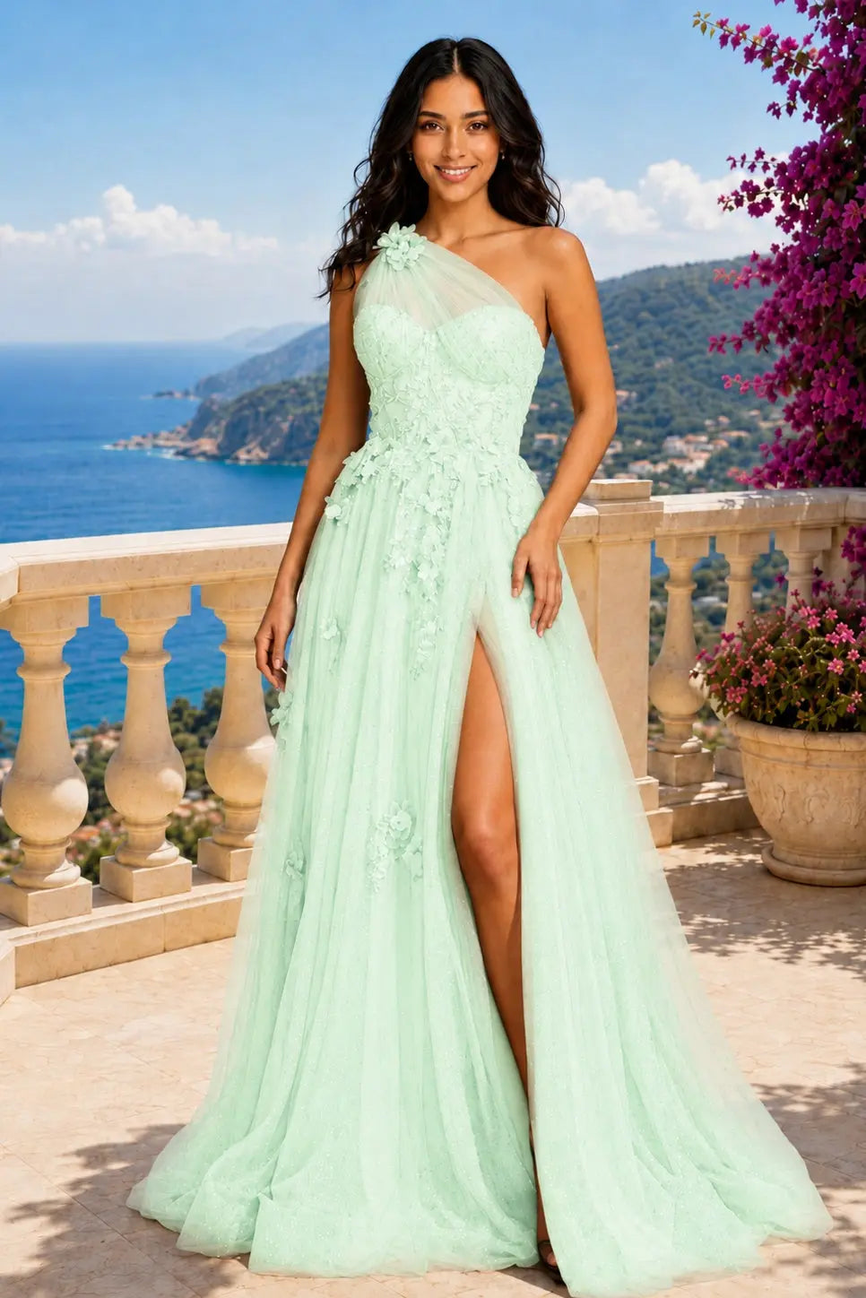 A-line One-Shoulder Sleeveless Long/Floor-Length Tulle Prom Dresses with Appliqued Split KAIDRESS