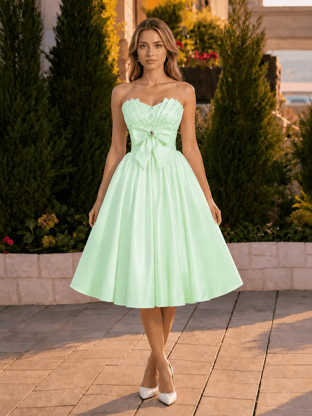 A-line Sweetheart Sleeveless Knee-Length Satin Homecoming Dress with Bow KAIDRESS