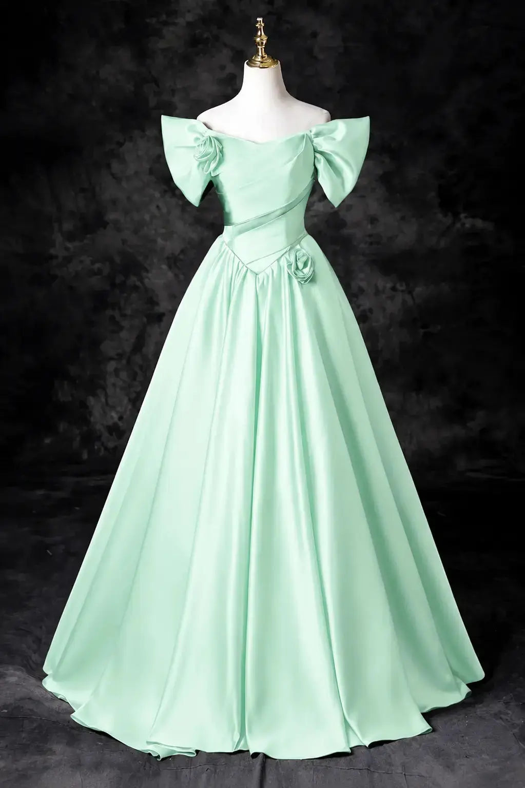 A-Line/Princess Satin Floor Length Formal Prom Dress, Off the Shoulder Prom Gown KAIDRESS