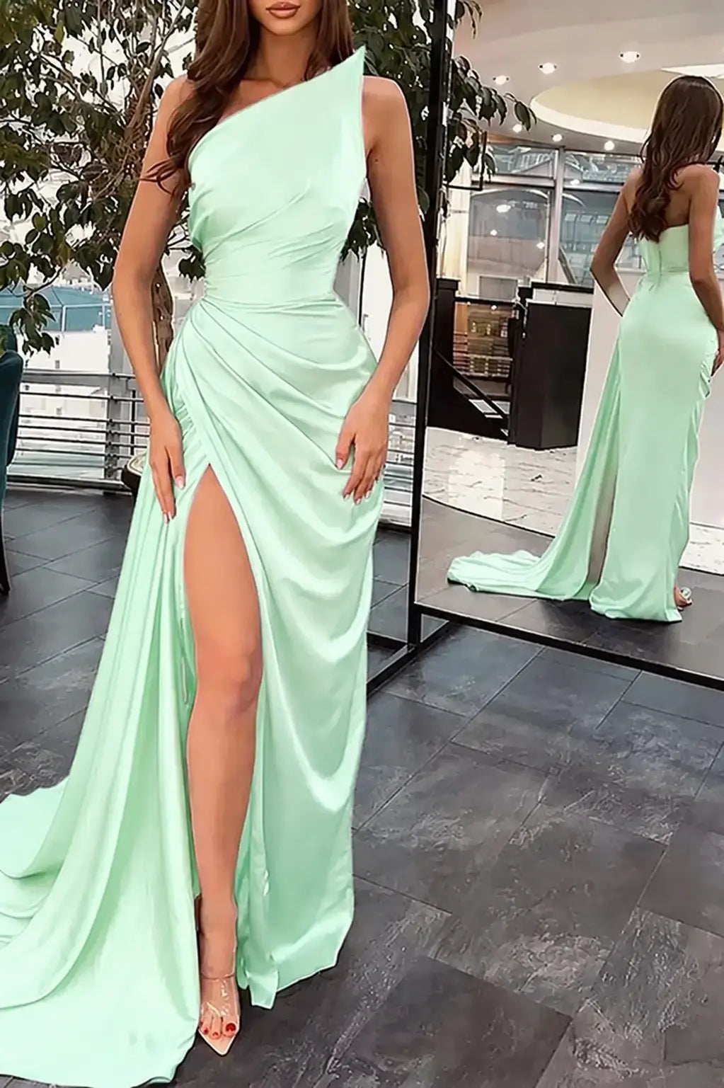 Trumpet/Mermaid Sleeveless Court Train Silk like Satin Prom Dresses with Ruffles Split KAIDRESS