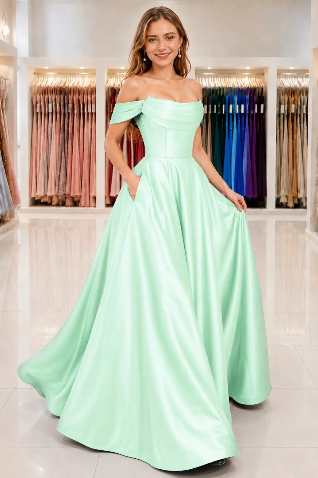 A-Line Satin Long Prom Dress, Simple Off the Shoulder Evening Party Dress With Pockets KAIDRESS