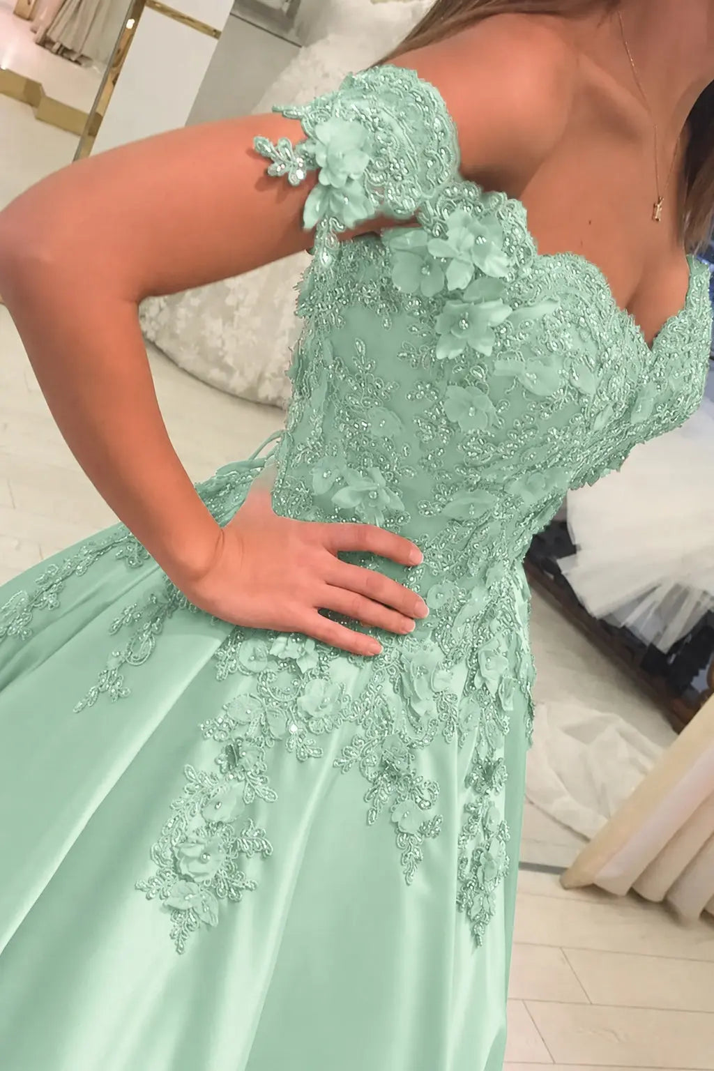 Appliqued Off-The-Shoulder Satin Princess Prom Dress With Beads