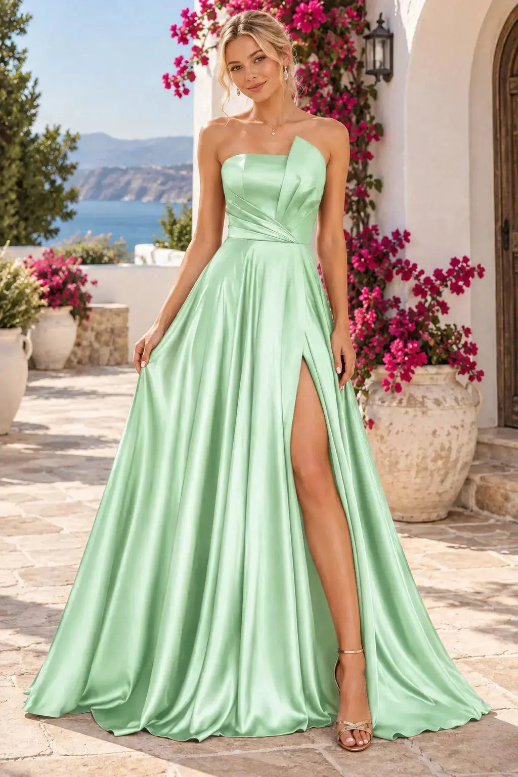 A-line Satin Formal Long Simple Sleeveless Prom Dresses with Slit KAIDRESS