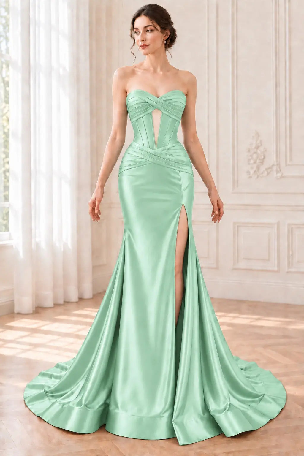 Green Silk Strapless Mermaid Prom Dresses Long Formal Evening Gown with Slit