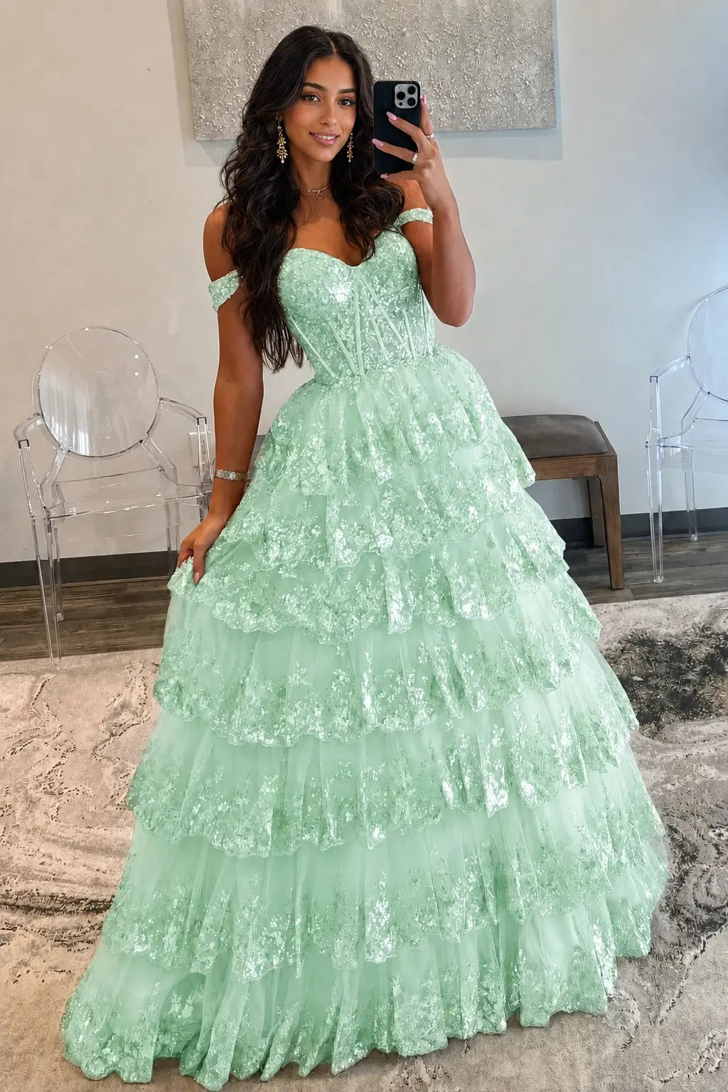 A-Line/Princess Princess Off the Shoulder Sequined Lace Prom Dress KAIDRESS