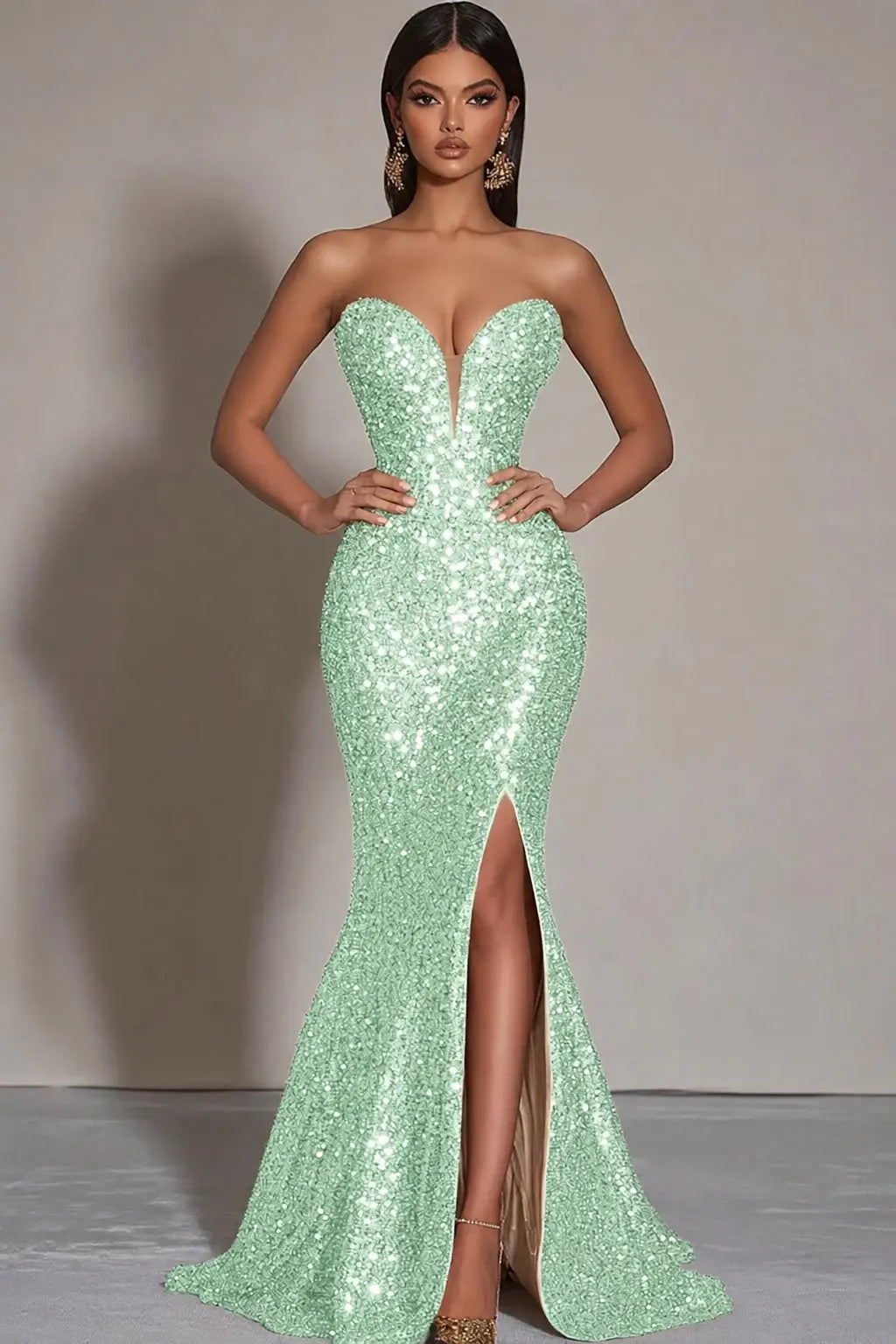 Sparkly Gold Sequins Mermaid Strapless Long Formal Dress with Slit Kaidress