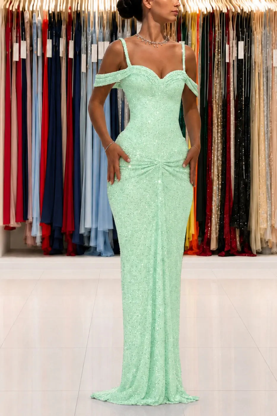 Luxury Sparkly Lace Off-Shoulder Long Beaded Prom Gown with Slender Straps KAIDRESS