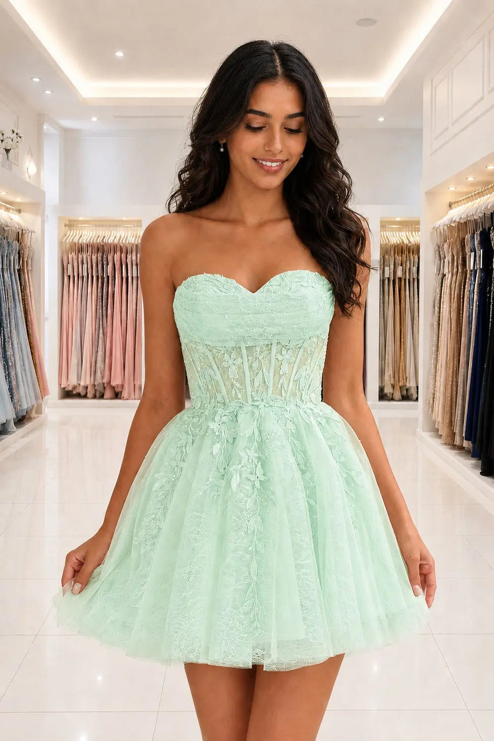 Strapless Beaded Lace Corset A-Line Mini Homecoming Dress KAIDRESS