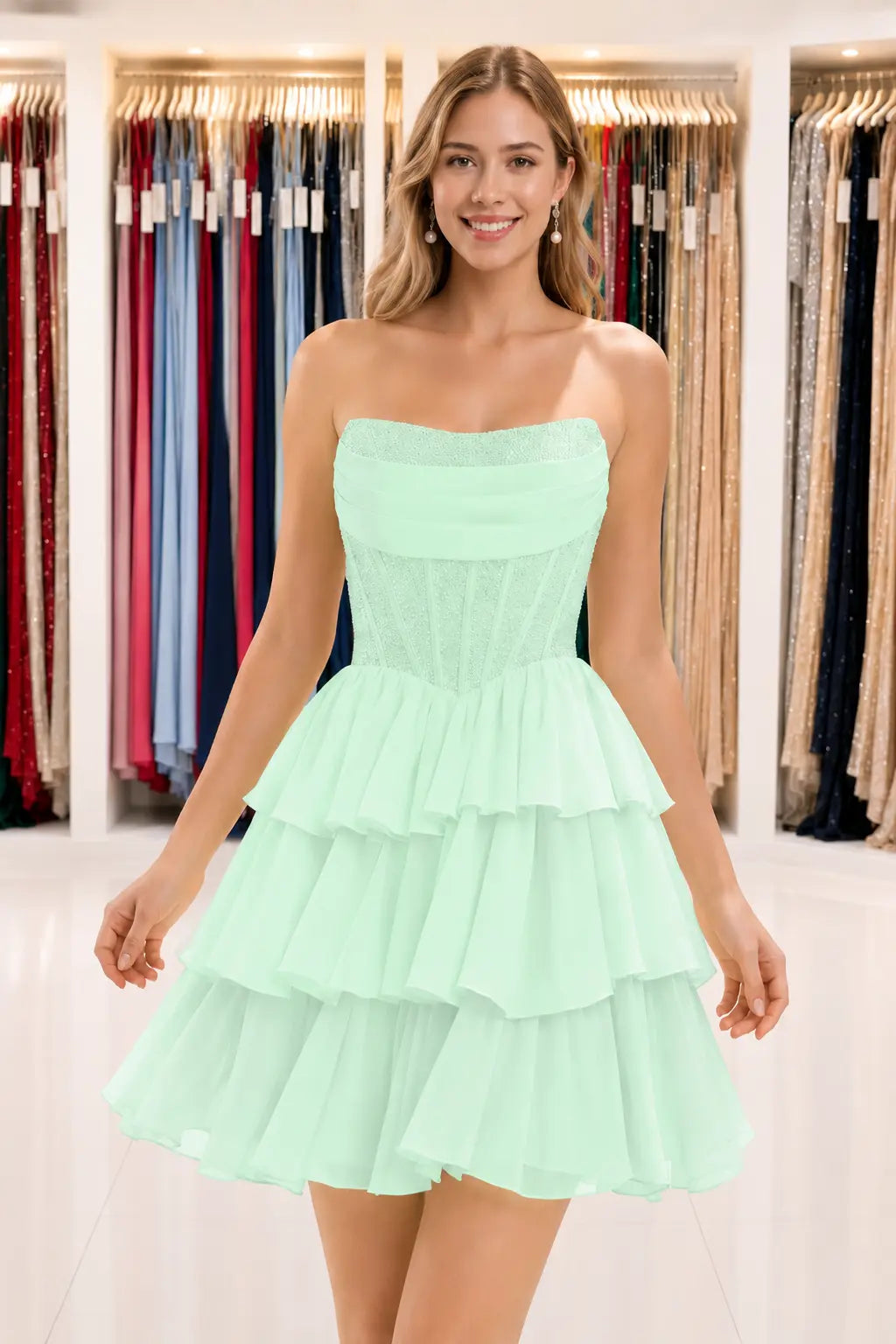 Daffodil Strapless Corset Tiered Ruffle Mini Homecoming Dress With Beading KAIDRESS