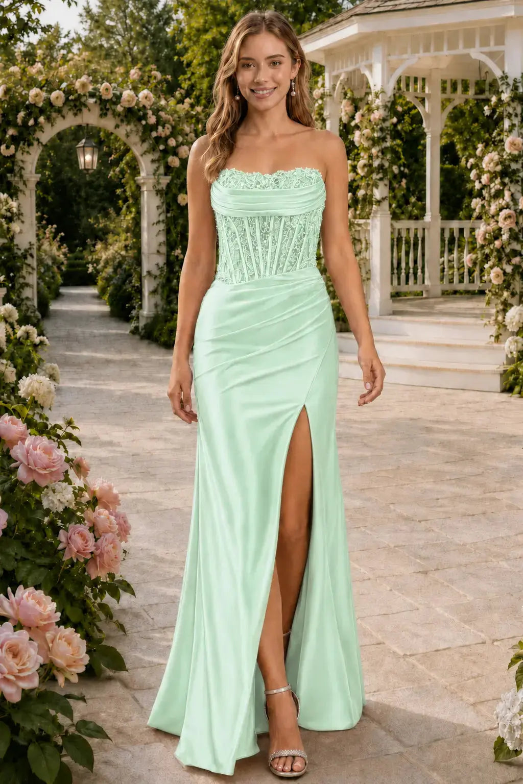 Sheath/Column Beaded Strapless Applique Formal Dress with Slit KAIDRESS