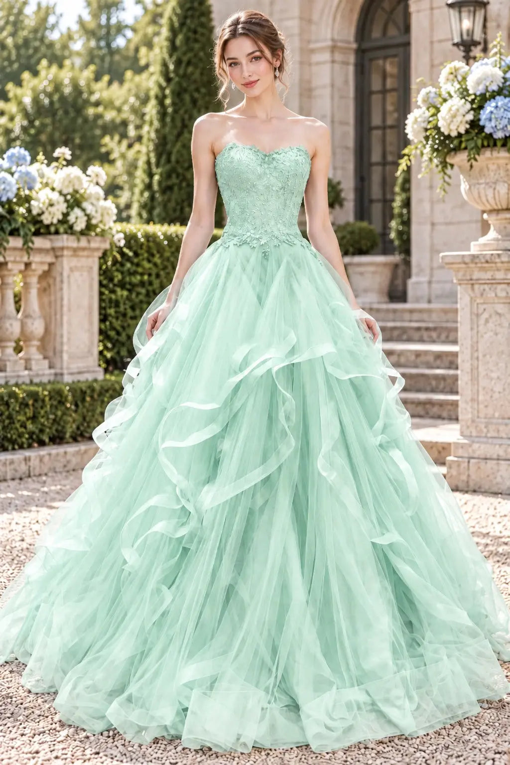 Blue Tulle Lace Long Prom Dresses Princess Layered Formal Evening Gowns