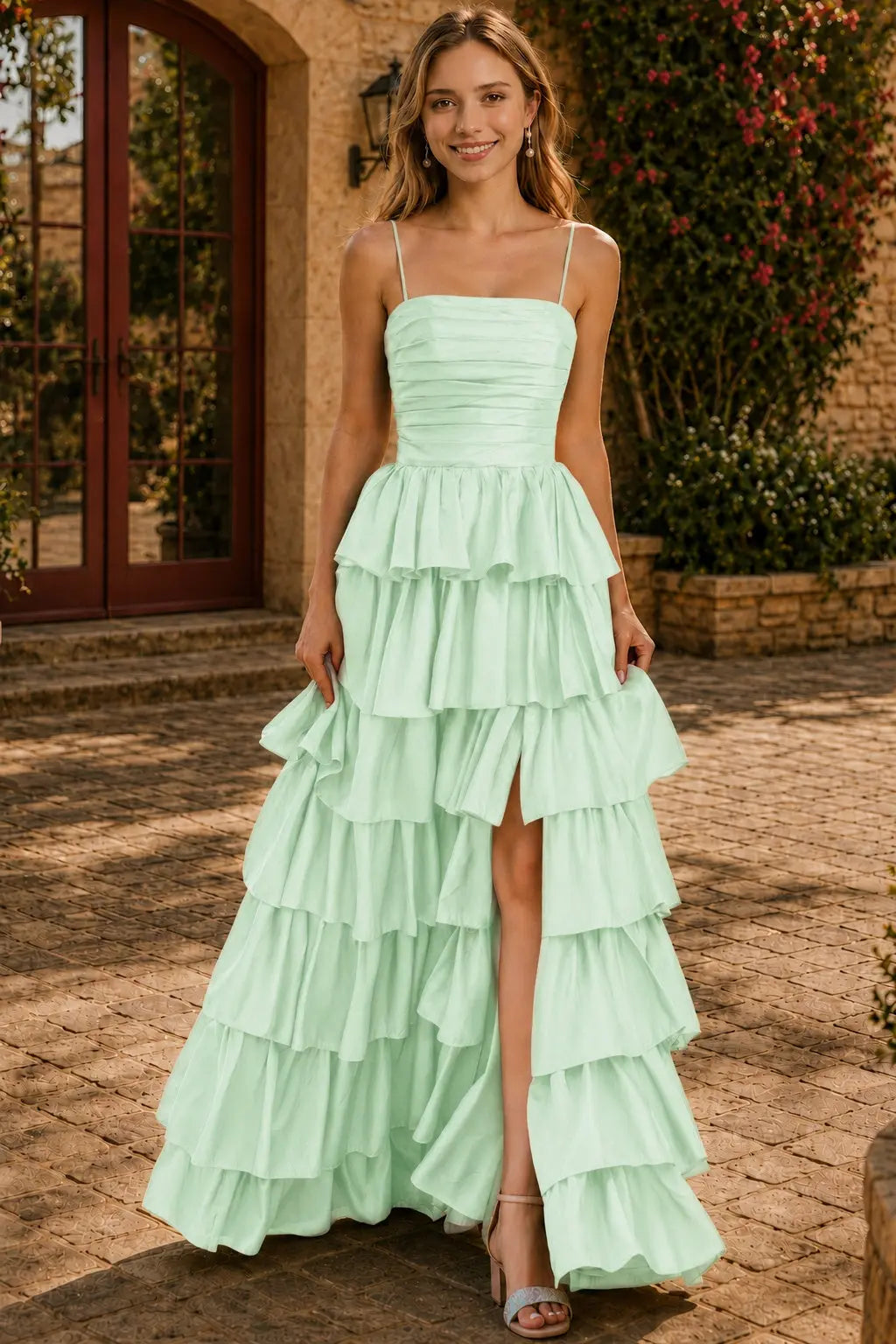A-line Square Neckline Spaghetti Straps Floor-Length Taffeta Prom Dress with Ruffles Slit KAIDRESS