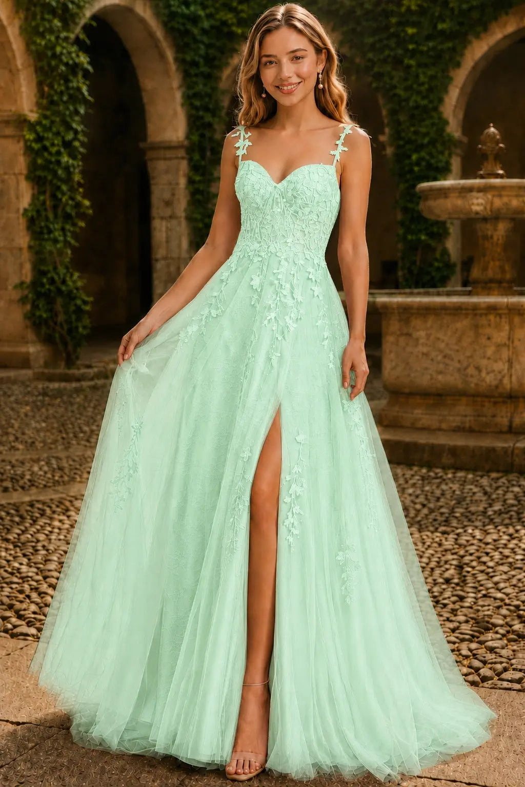 A-line V Neck Sweep Spaghetti Straps Train Tulle Prom Dress with Appliqued Beading