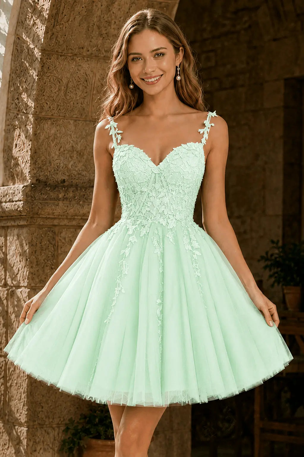 A-line V Neck Short/Mini Tulle Lace Homecoming Dress