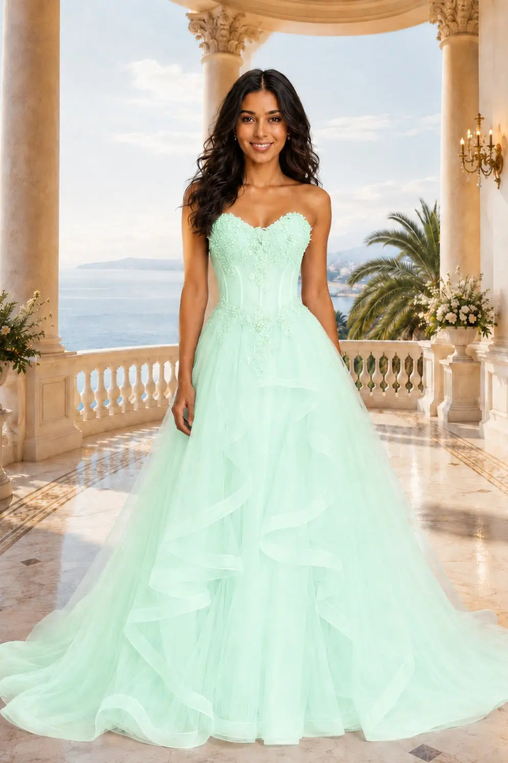 A-line/Princess Sweetheart Sleeveless Sweep Train Tulle Prom Dresses With Beading Appliqued KAIDRESS