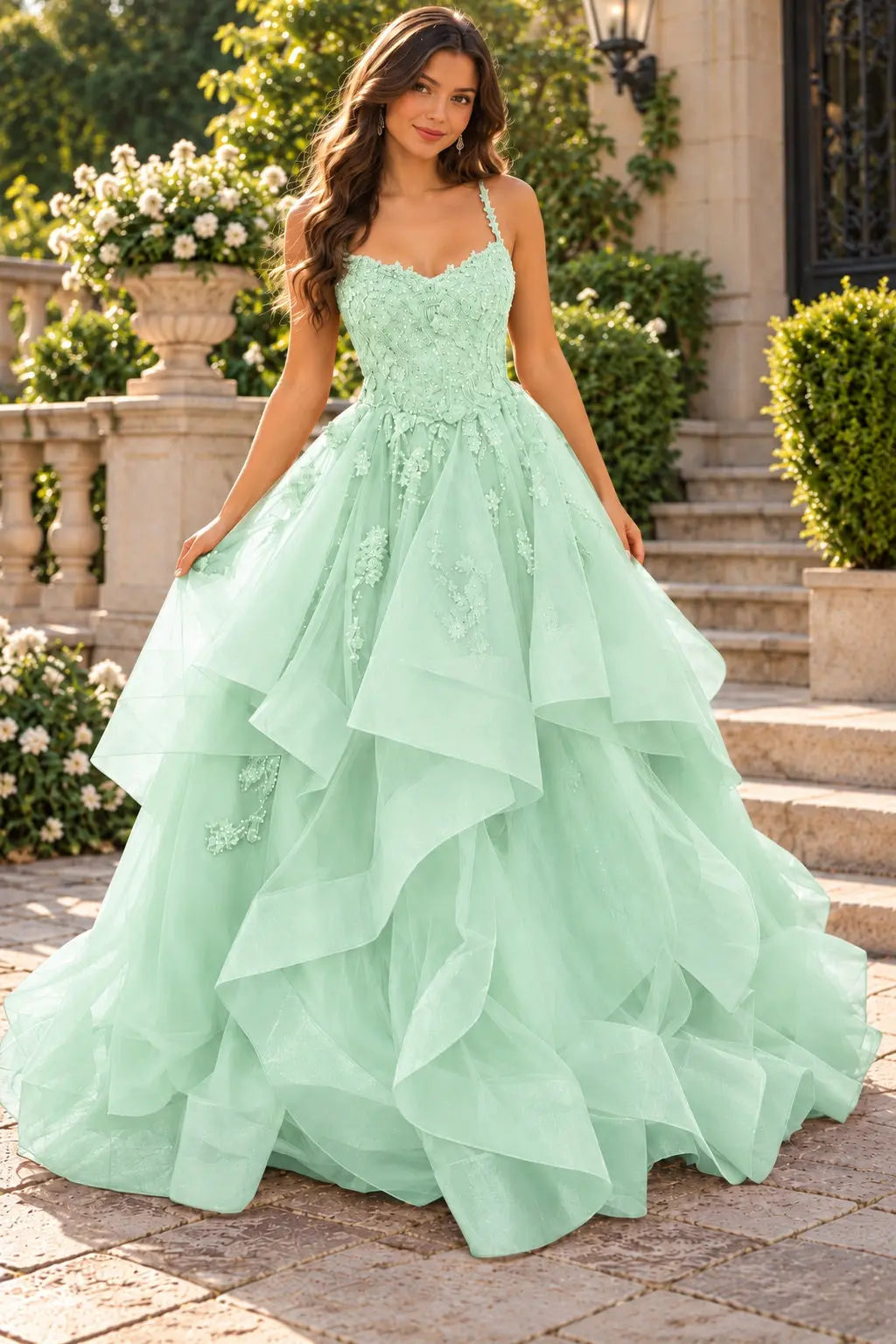 A-line Princess V Neck Floor-Length Tulle Prom Dresses with Appliqued