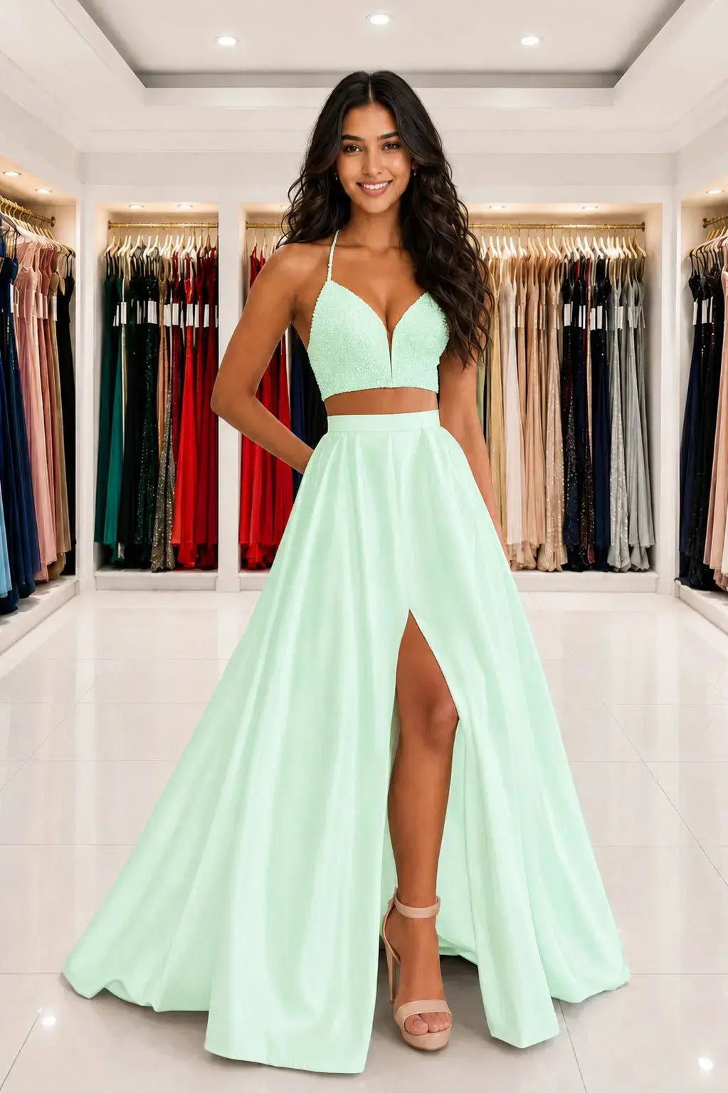 Satin Two Piece Long Modest White Prom Dress Split Formal Evening Gowns Kaidress