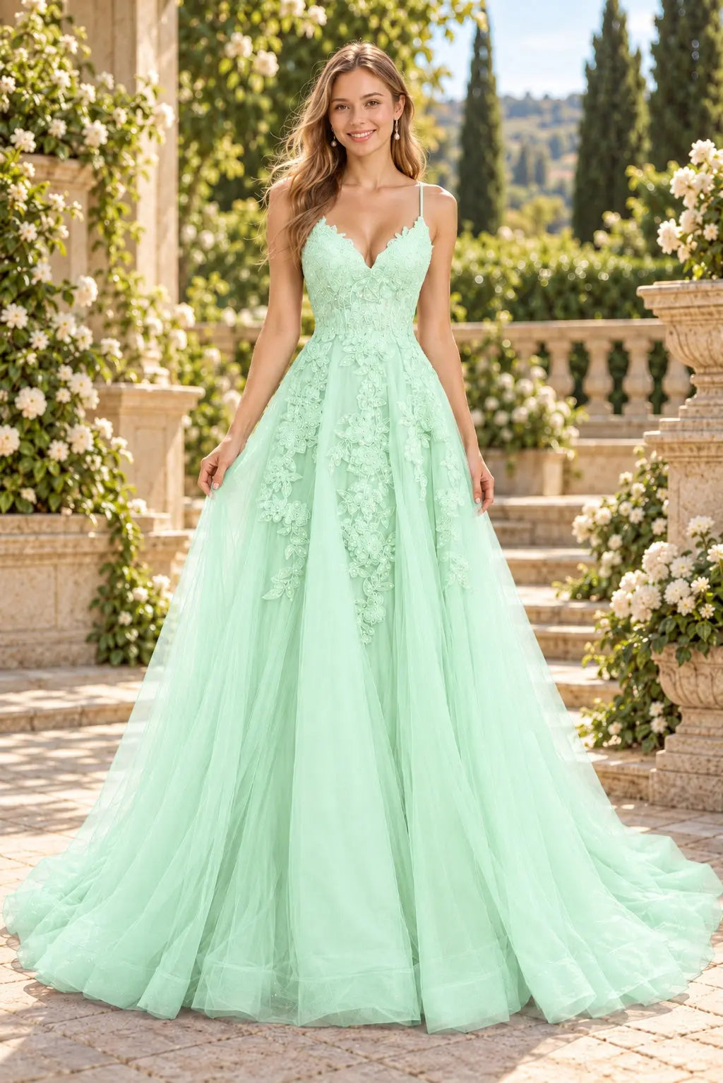 A-line V Neck Spaghetti Straps Sweep Train Tulle Prom Dress With Appliqued