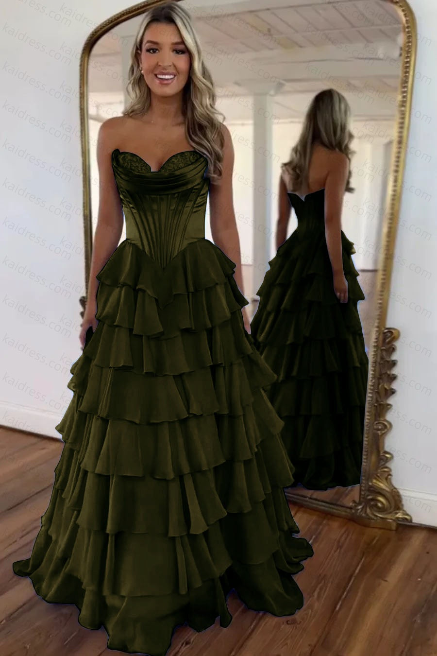 A Line Blue Sweetheart Chiffon Ruffled Long Corset Prom Dress with Slit
