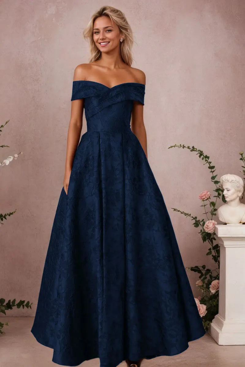 A-Line Off Shoulder Satin Burgundy Long Prom Dress Floral Jacquard Formal Ball Gowns - KAIDRESS
