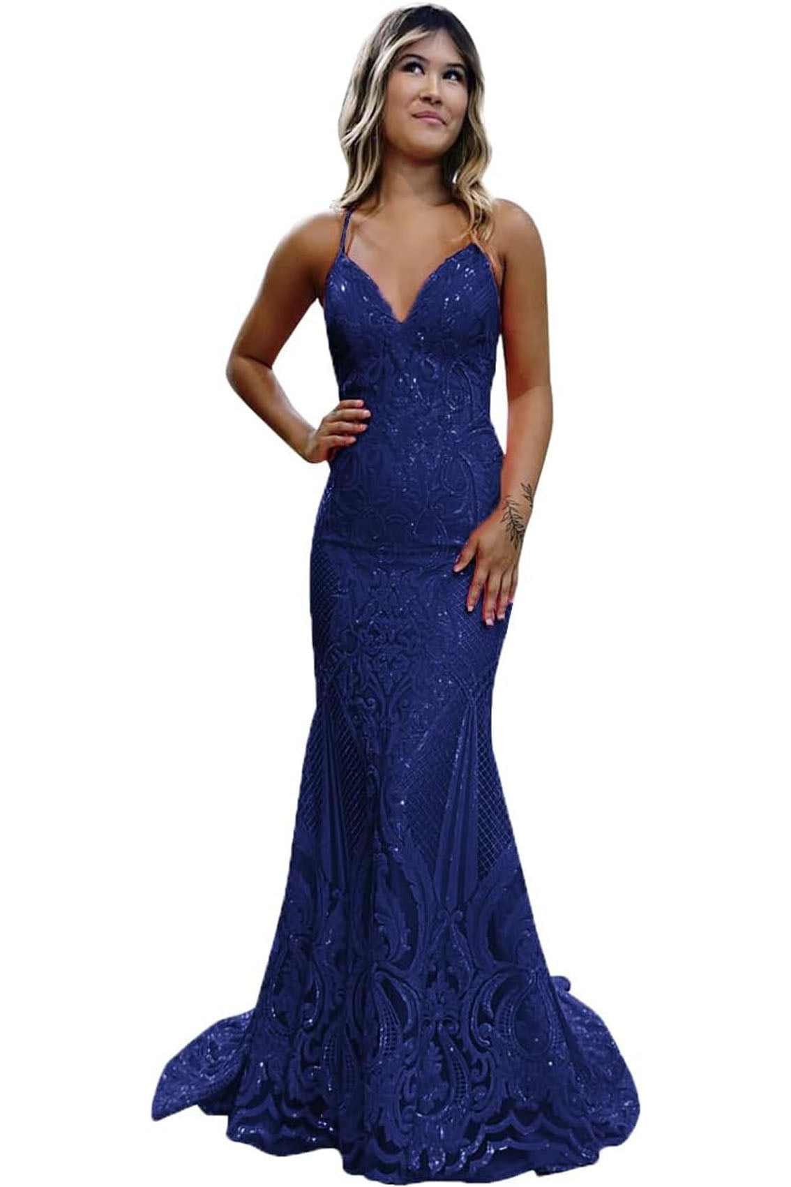 Trumpet/Mermaid V Neck Sleeveless Sweep Train Allover Sparkly Sequined Lace Prom Dress