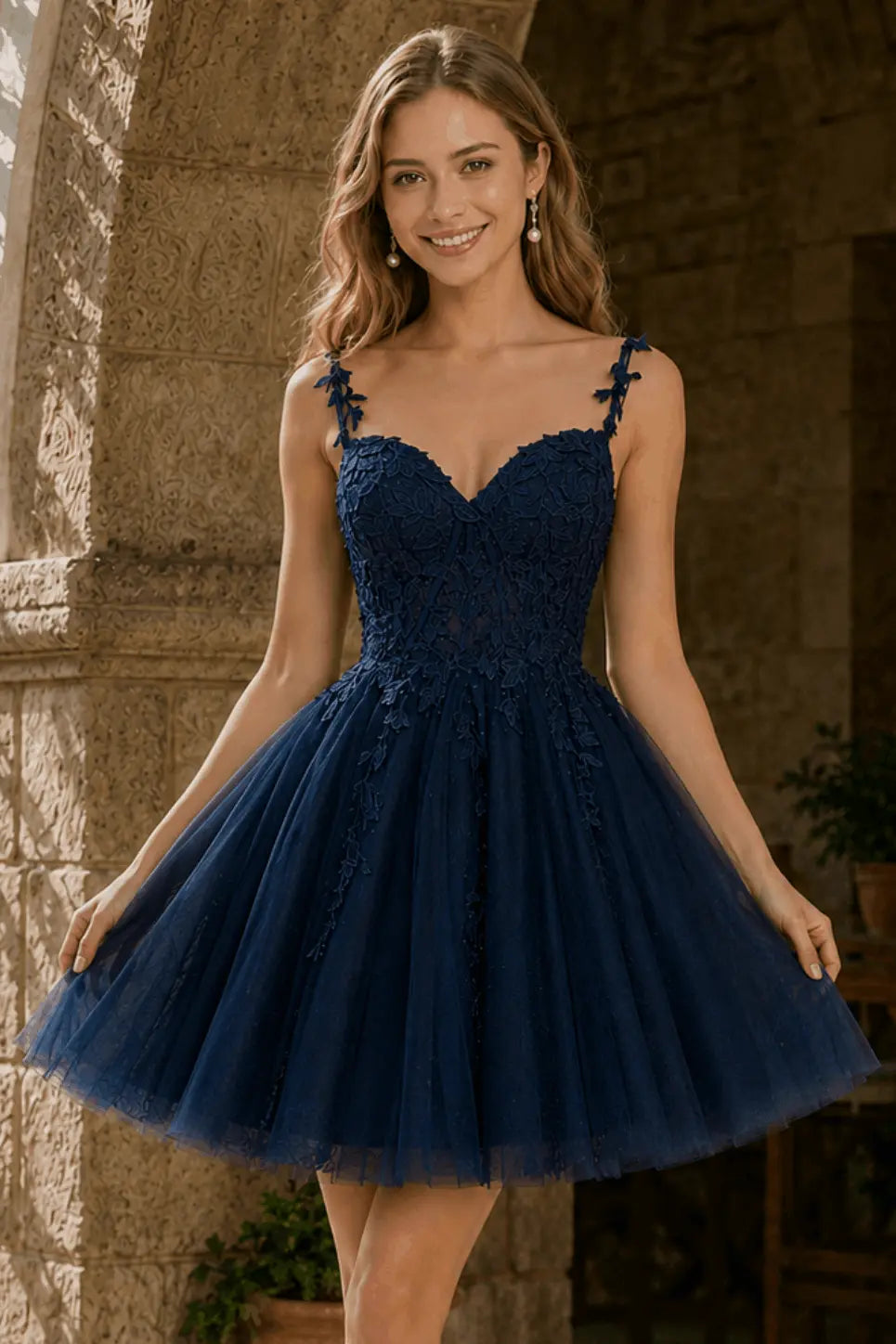 A-line V Neck Short/Mini Tulle Lace Homecoming Dress