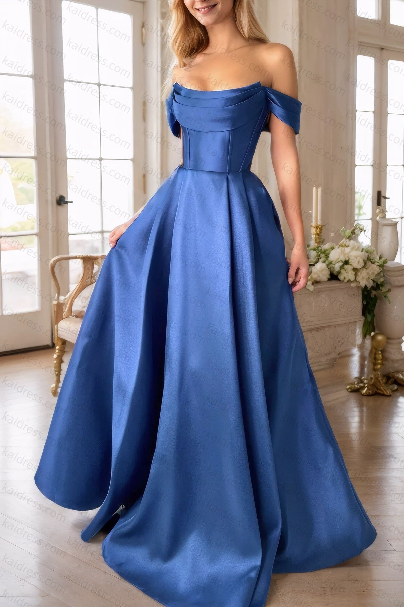 A-Line Satin Long Prom Dress, Simple Off the Shoulder Evening Party Dress With Pockets