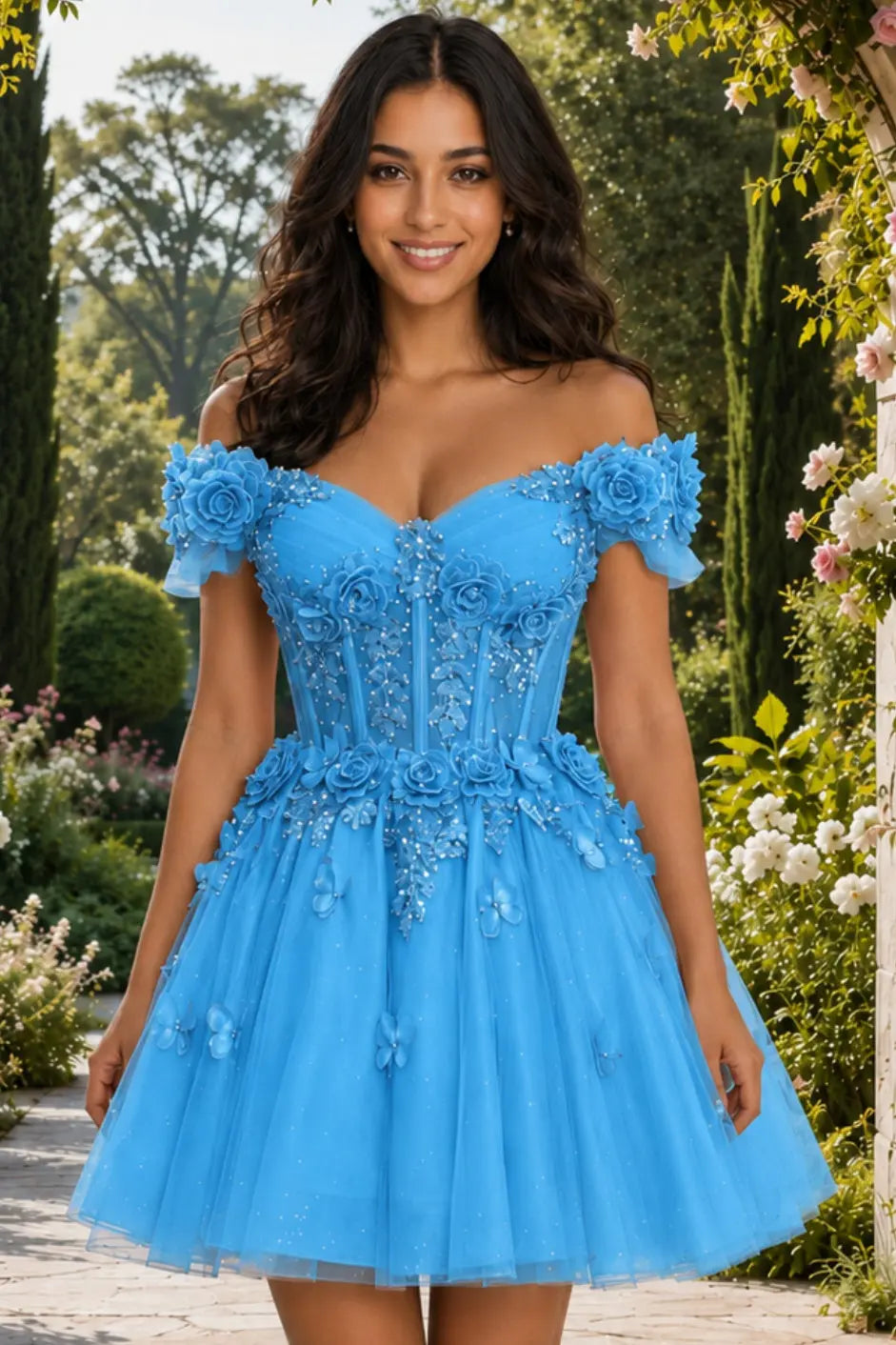 A-line Off-the-Shoulder Tulle Short/Mini Homecoming Dress with Appliqued Flowers Sequins KAIDRESS