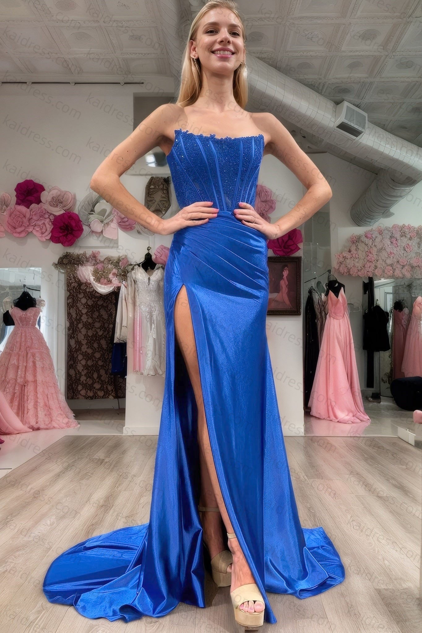 Sheath/Column Elastic Woven Satin Ruched Off-the-Shoulder Sleeveless Sweep/Brush Train Prom Dresses