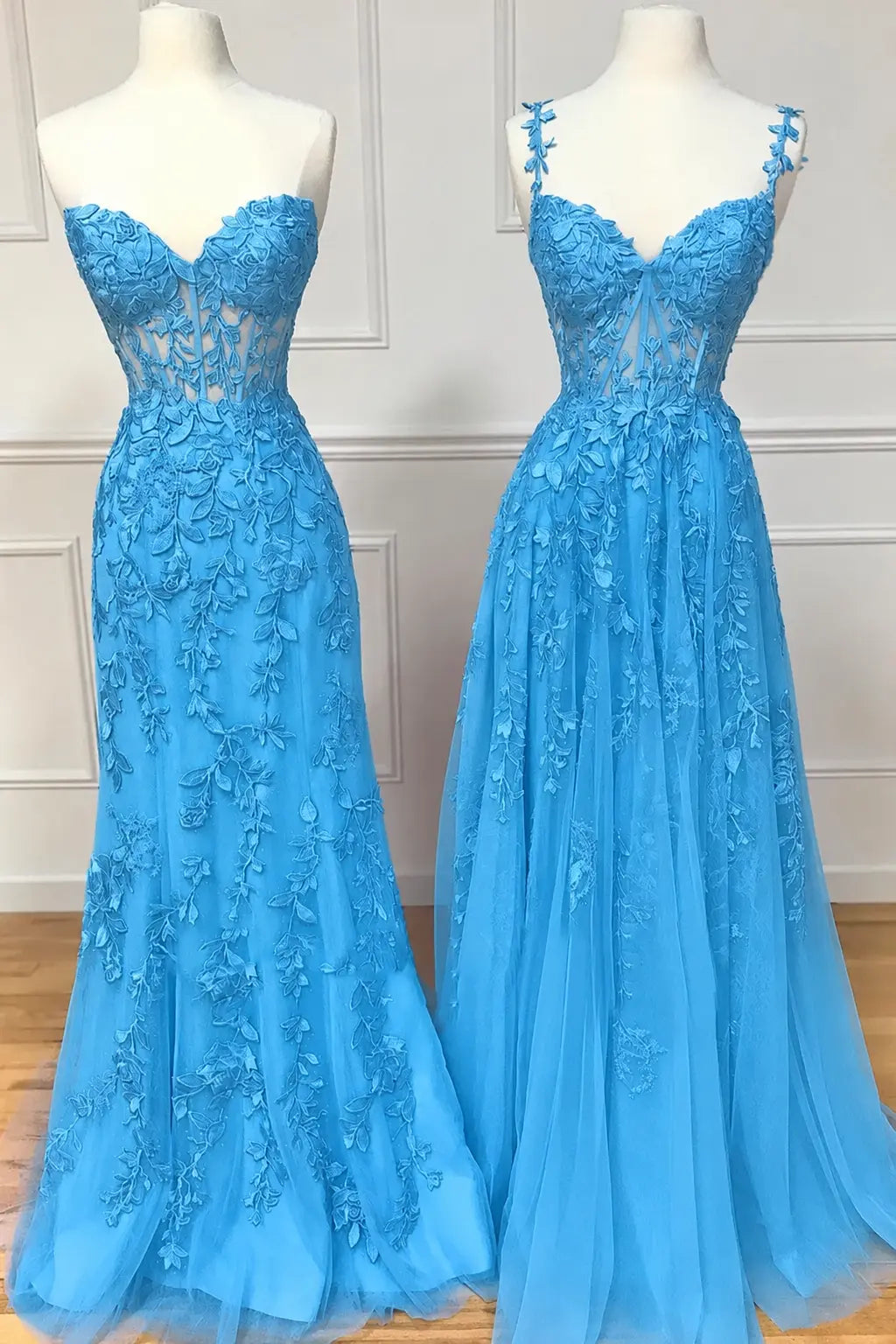 A-line Sweetheart Spaghetti Straps Sweep Train Lace Prom Dress With Beading Kaidress