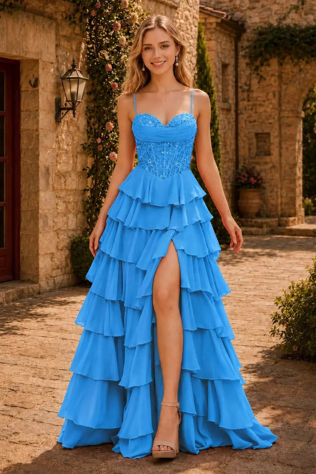 Spaghetti Straps Sweetheart Embellished Corset Chiffon Slit Ruffle Prom Dress with Detachable Straps