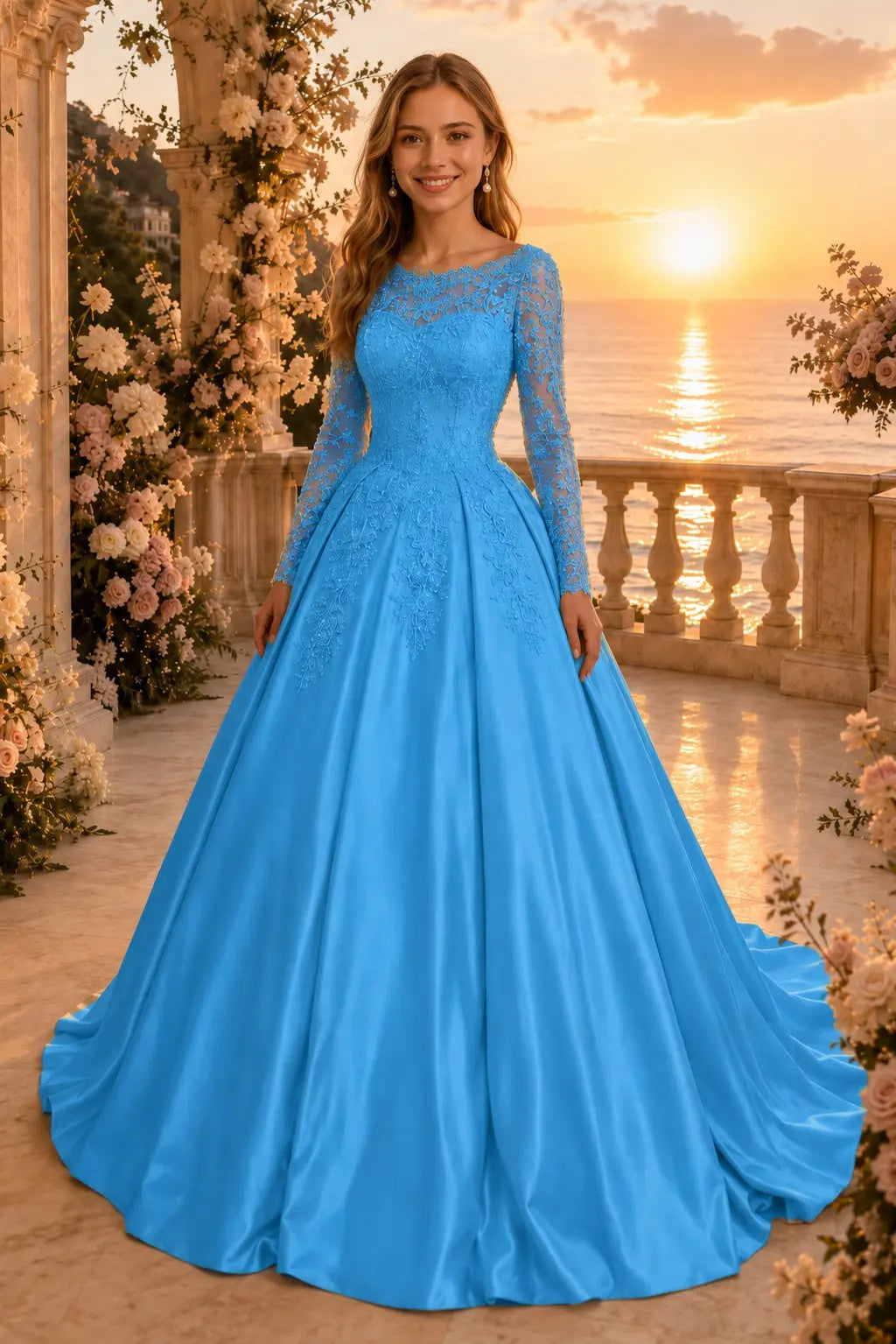 Ball Gown Long Sleeves Off-the-Shoulder Chapel Train Applique Satin Prom Dresses Kaidress