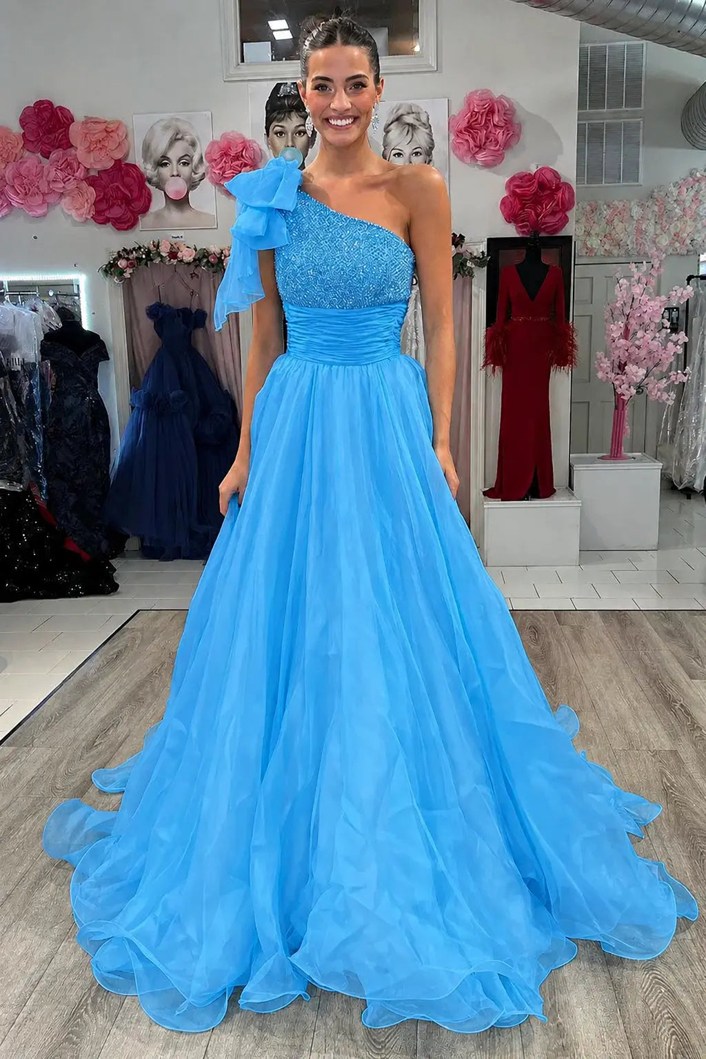 A Line Sparkly Sky Blue One Shoulder Long Prom Dress with Beading KAIDRESS