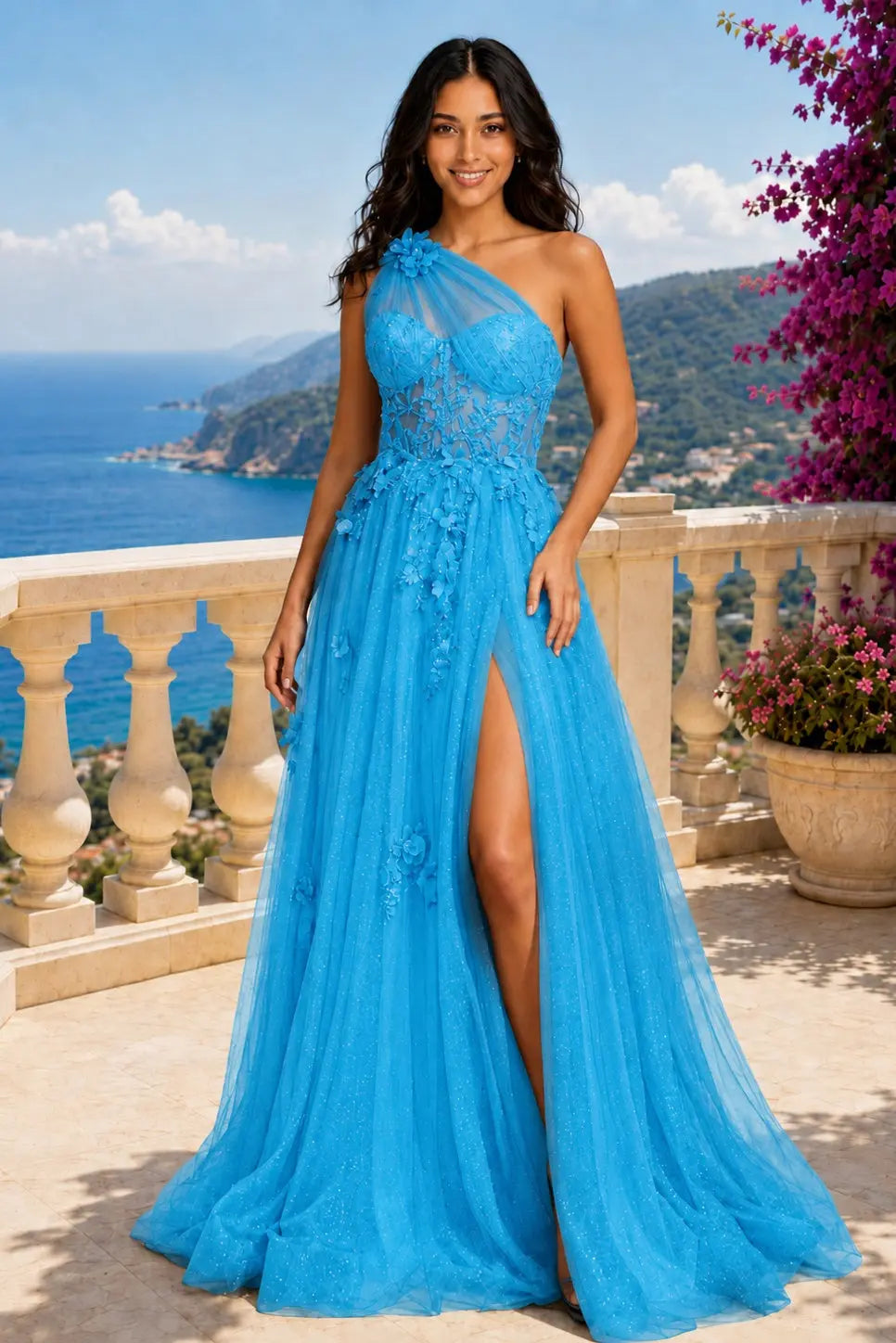 A-line One-Shoulder Sleeveless Long/Floor-Length Tulle Prom Dresses with Appliqued Split KAIDRESS
