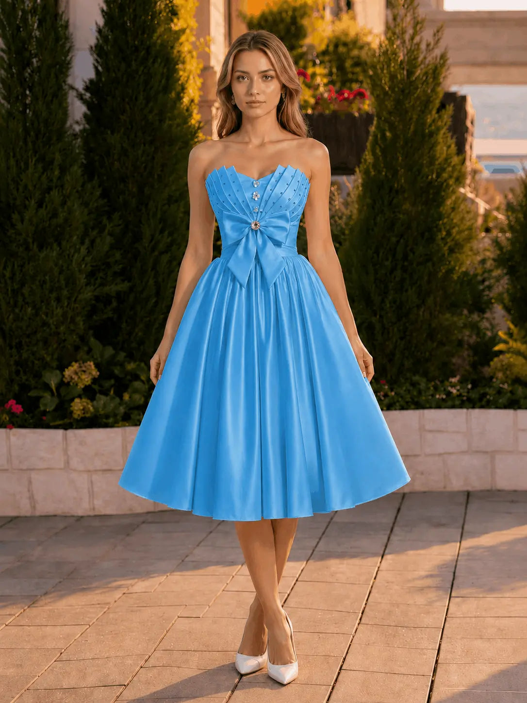 A-line Sweetheart Sleeveless Knee-Length Satin Homecoming Dress with Bow KAIDRESS