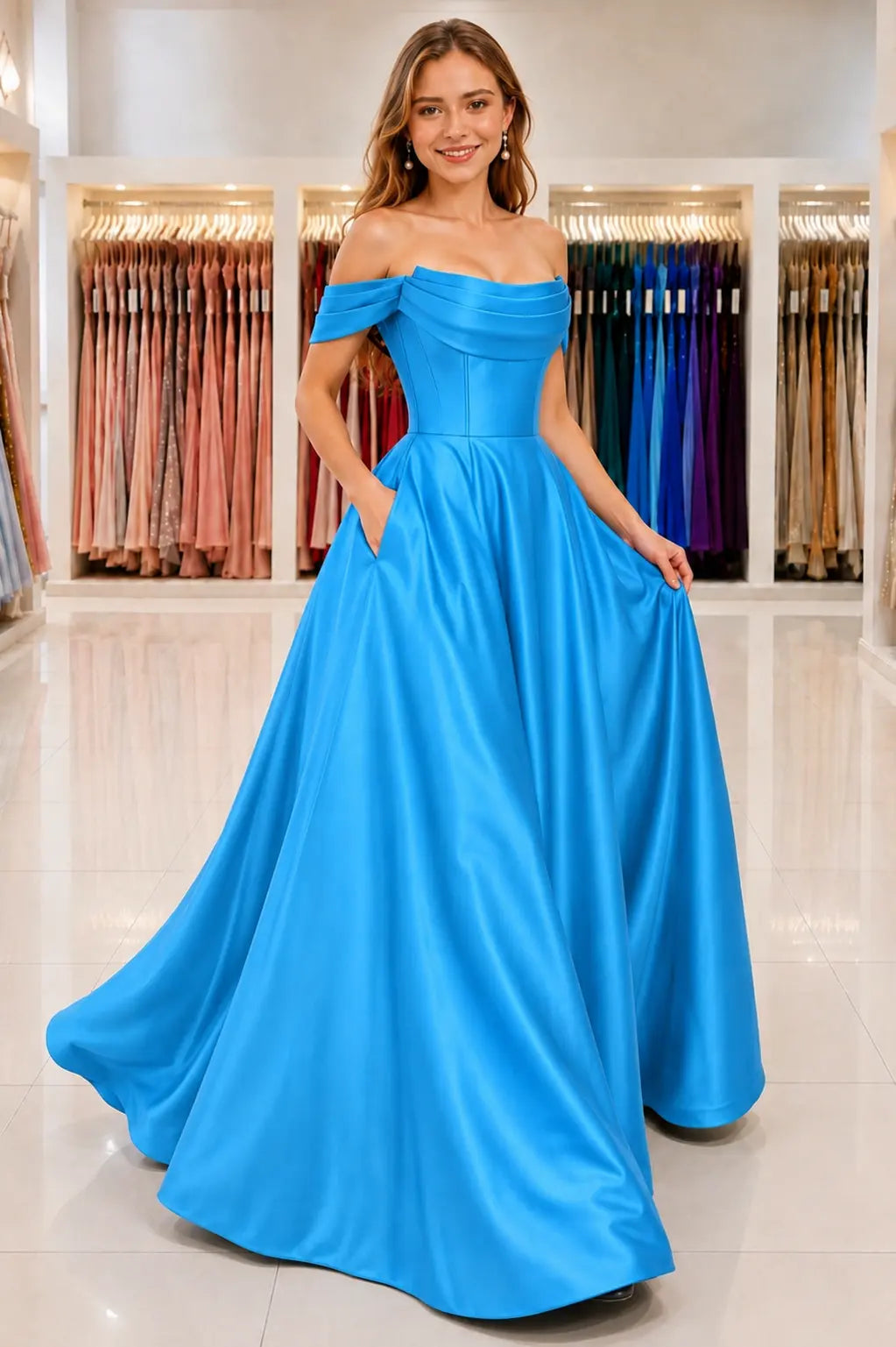 A-Line Satin Long Prom Dress, Simple Off the Shoulder Evening Party Dress With Pockets KAIDRESS
