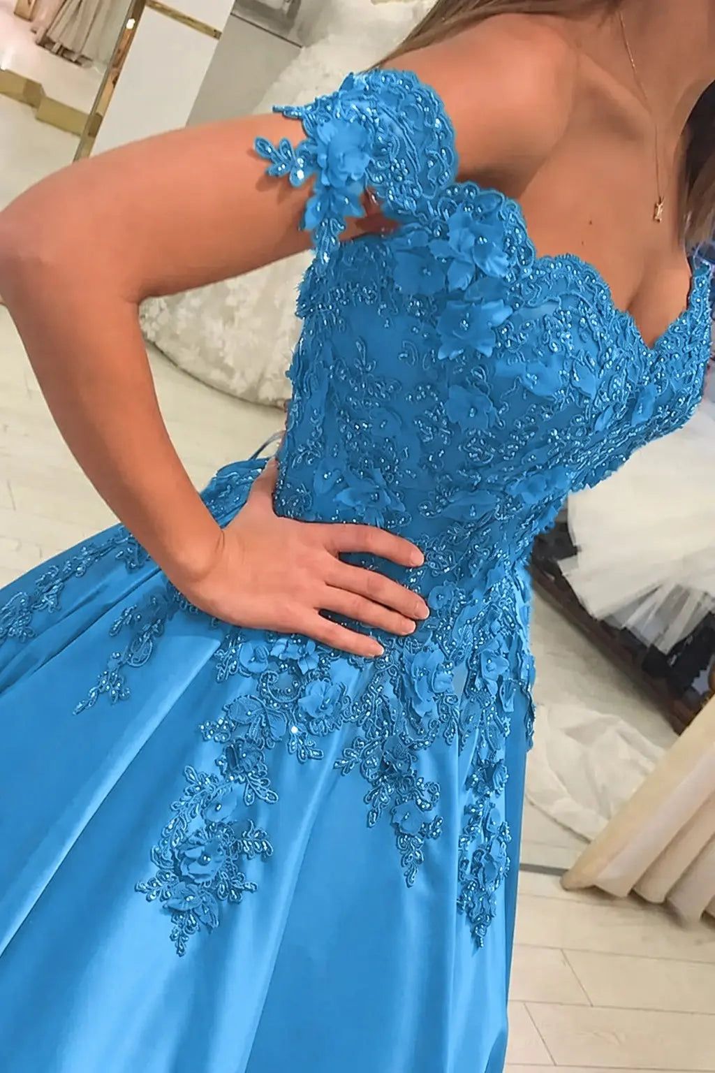 Appliqued Off-The-Shoulder Satin Princess Prom Dress With Beads
