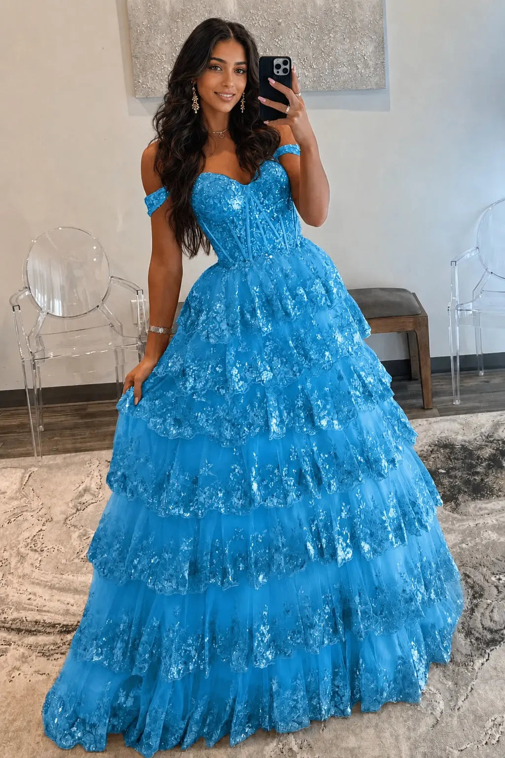 A-Line/Princess Princess Off the Shoulder Sequined Lace Prom Dress KAIDRESS