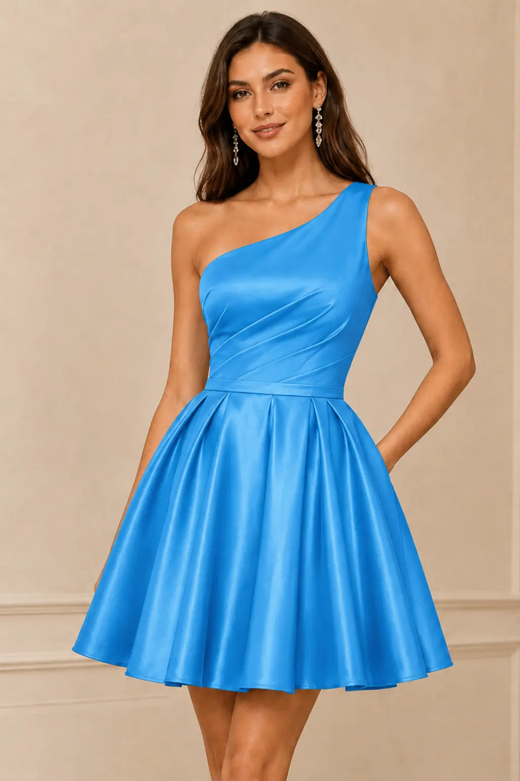 Green One Shoulder Satin Mini A Line Homecoming Dress With Pockets KAIDRESS